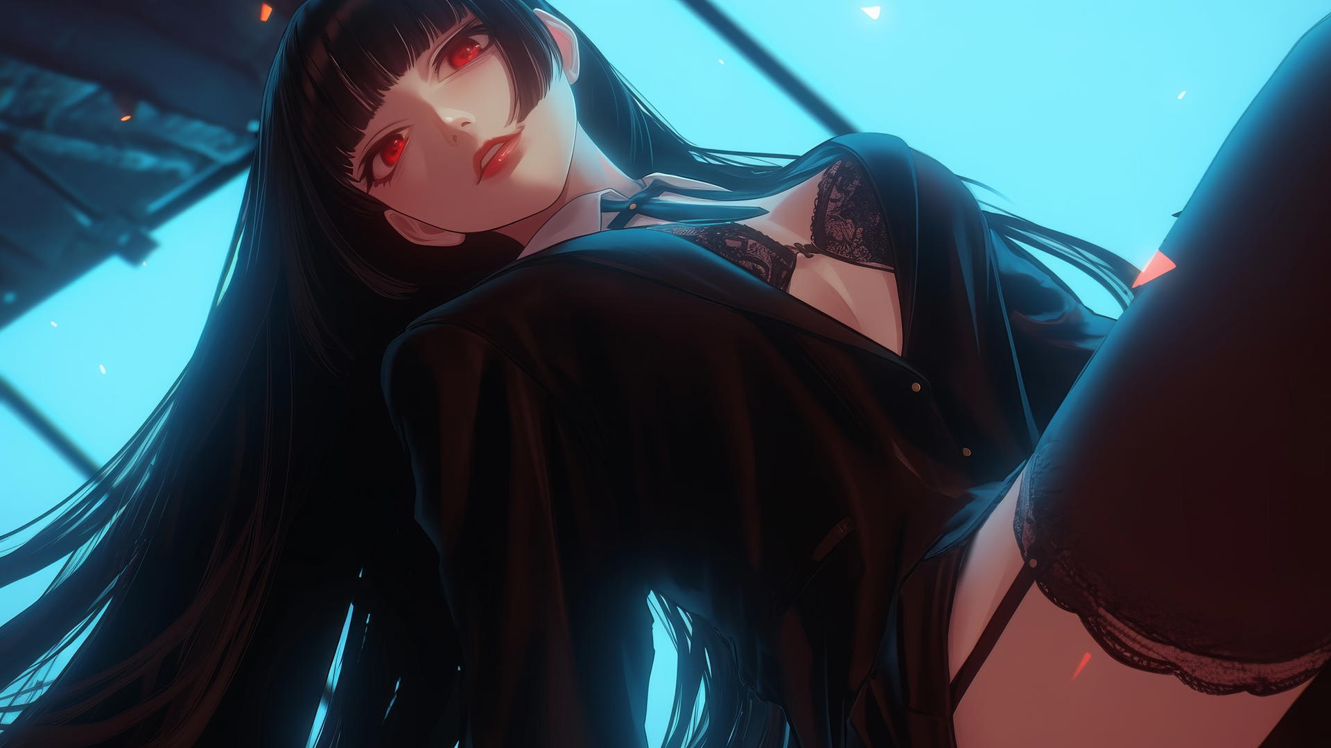 Yumeko Jabami from Kakegurui kneeling and leaning with a warm glow.