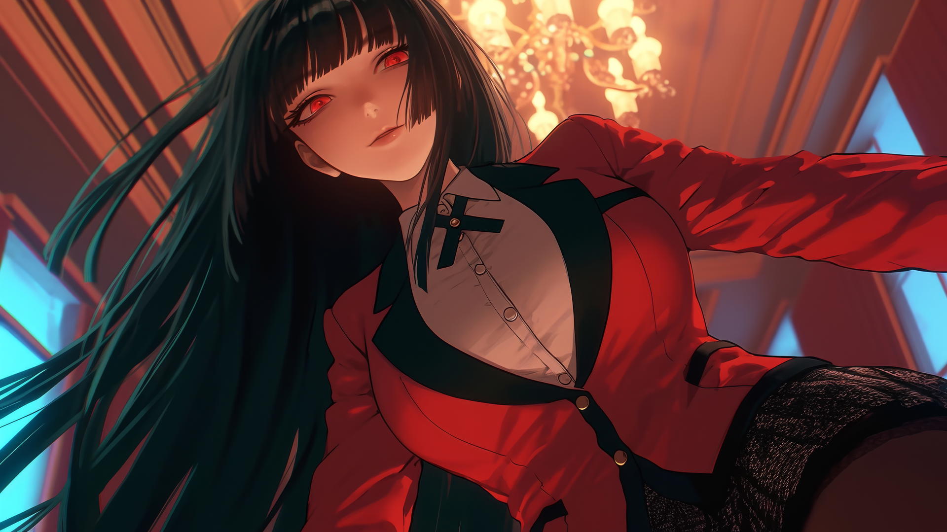 Yumeko Jabami from Kakegurui leaning toward with long black hair and red eyes, warm light