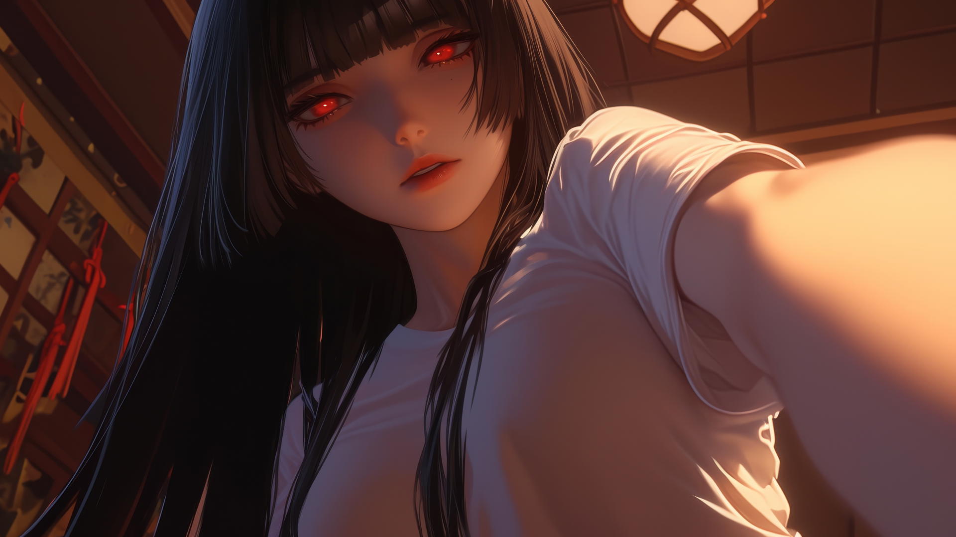 Yumeko Jabami kneeling, leaning forward with a soft glow, seen from below, hime-cut hair, red eyes.