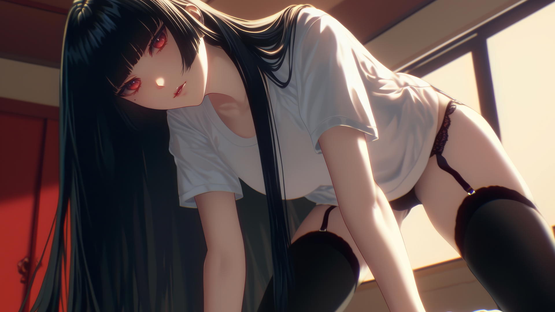 Yumeko Jabami kneeling, leaning forward, with hime-cut black hair and red eyes.