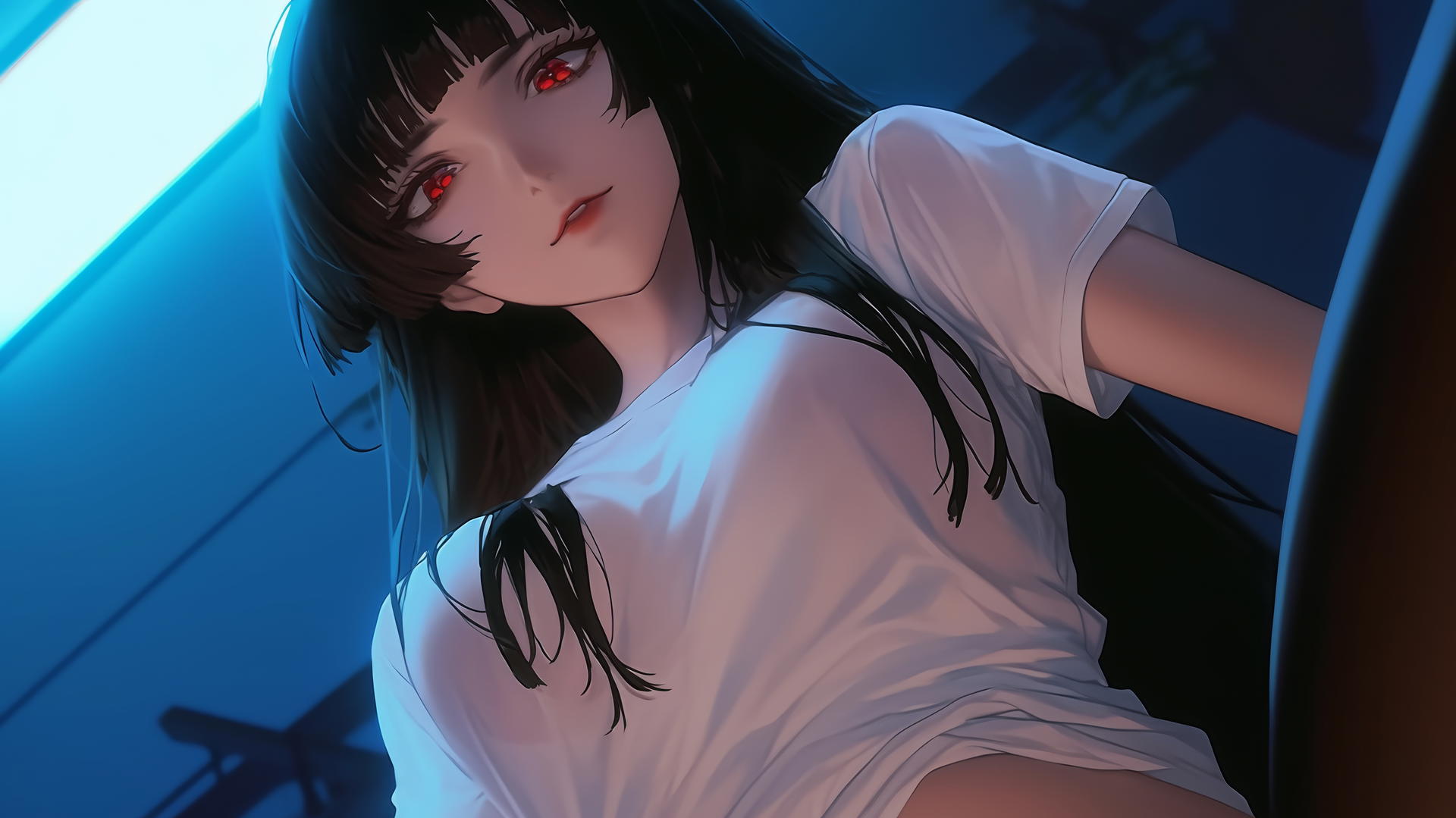 Yumeko Jabami from Kakegurui, kneeling, leaning forward with hime-cut black hair and red eyes.