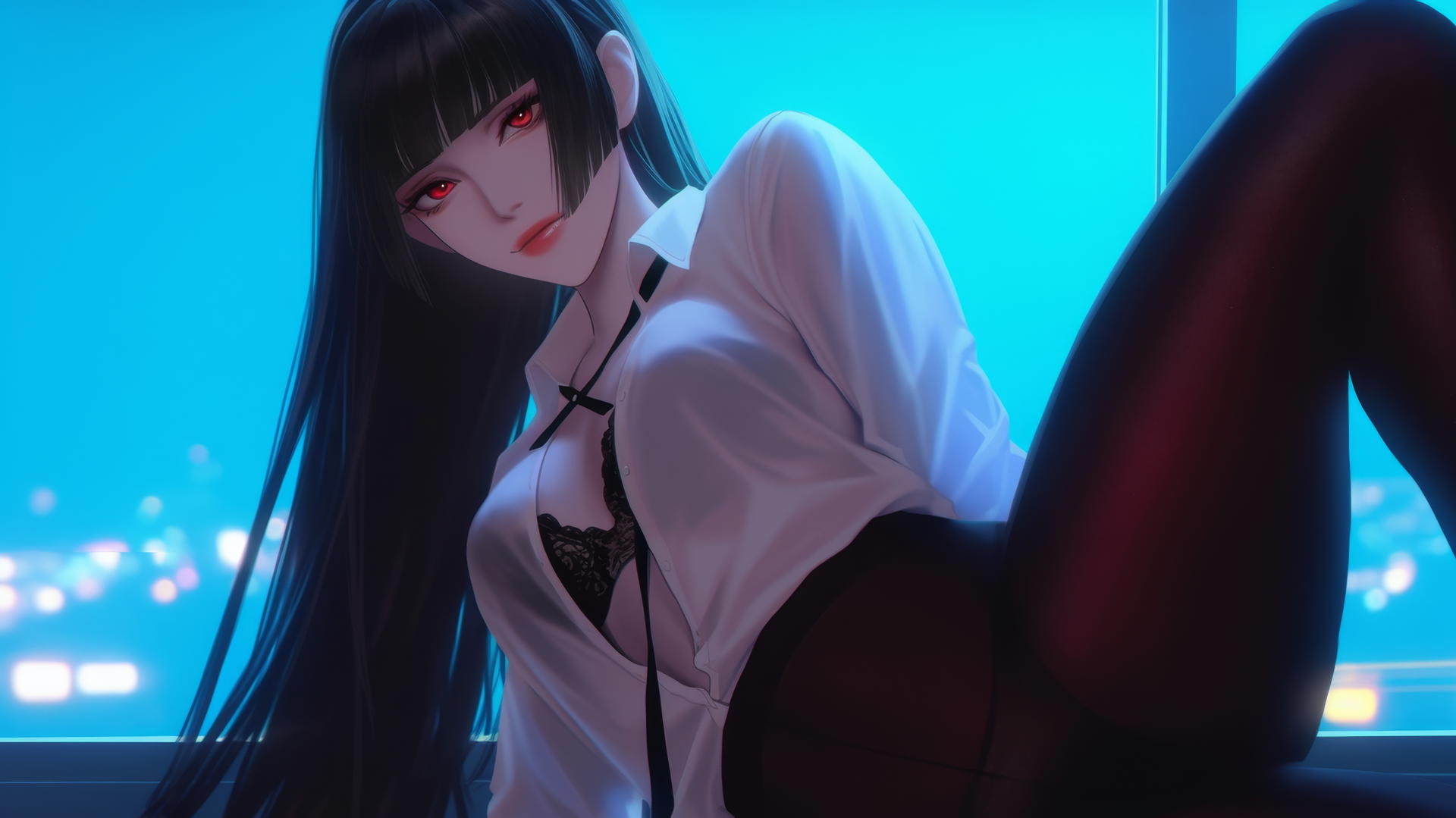 Yumeko Jabami from Kakegurui kneeling in white shirt with warm light, ceiling background.