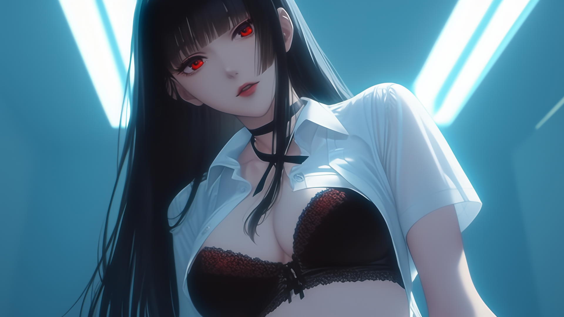 Yumeko Jabami kneeling with red eyes, looking down in warm light