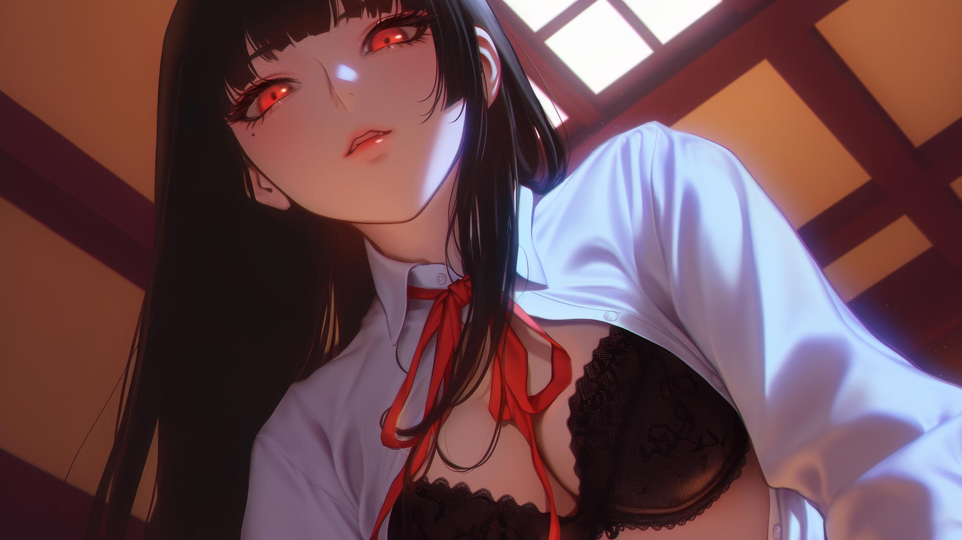Yumeko Jabami from Kakegurui kneeling and leaning forward, hime-cut hair, red eyes, ceiling background