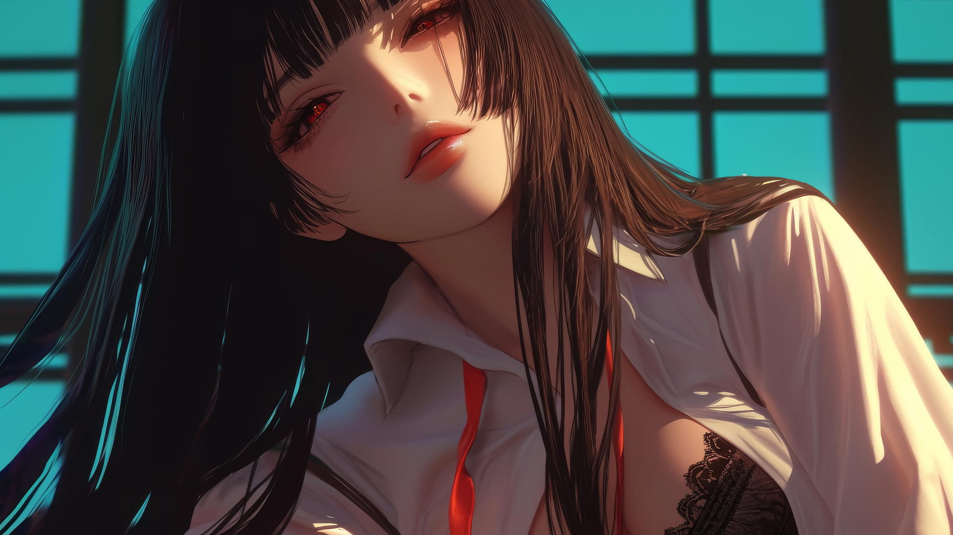 Yumeko Jabami kneeling and leaning forward, seen from below, with ceiling in background, warm light.
