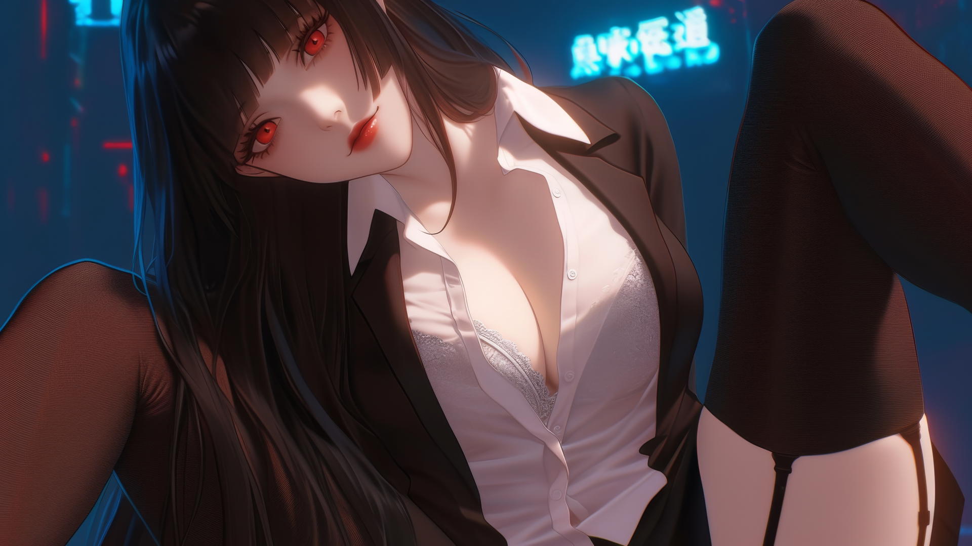 Yumeko Jabami in white office shirt kneeling with warm light and ceiling background