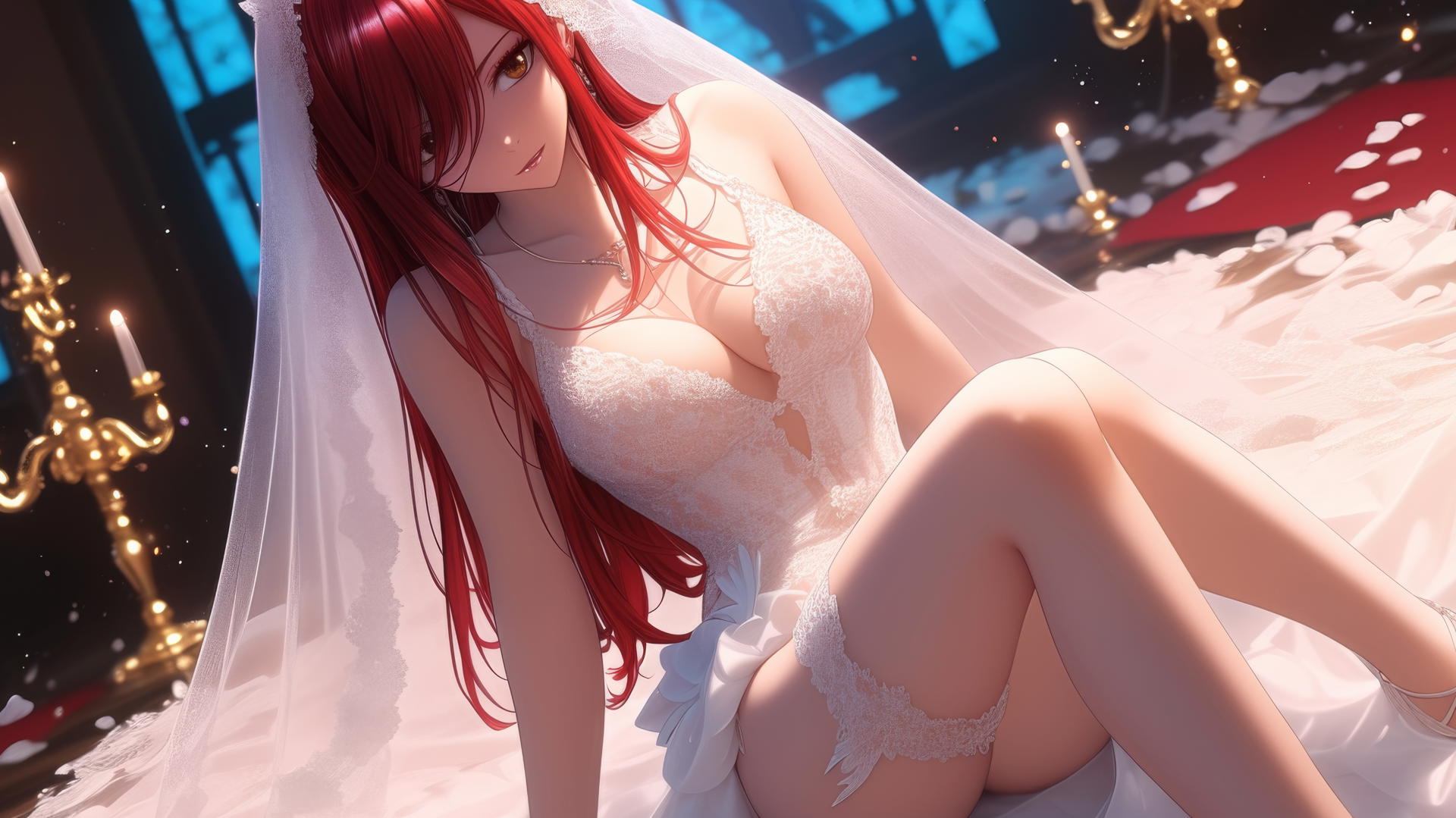 Erza Scarlet in a wedding dress, kneeling, leaning forward, warm light glow.