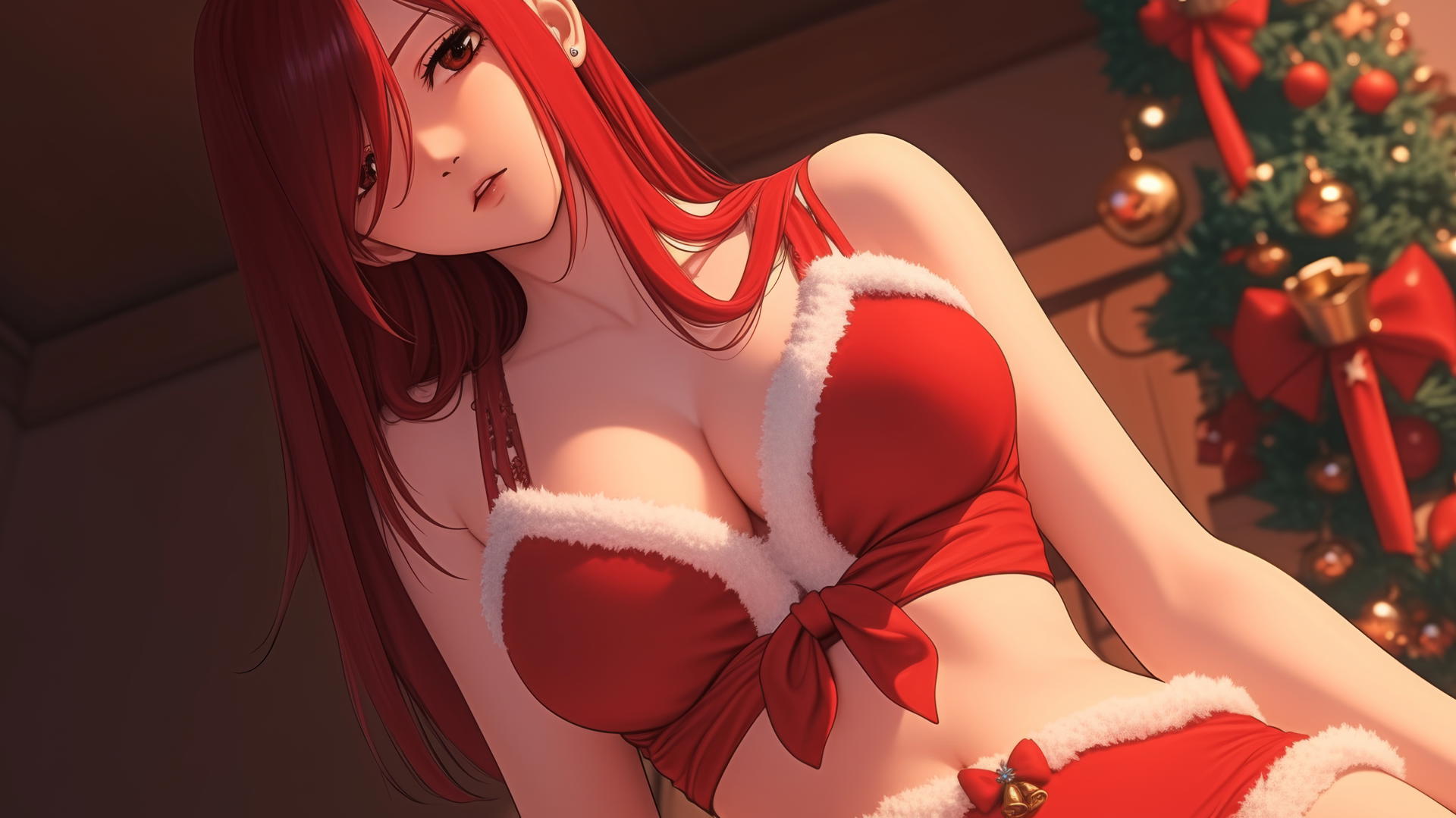 Erza Scarlet in Christmas attire kneeling, with scarlet hair and warm light