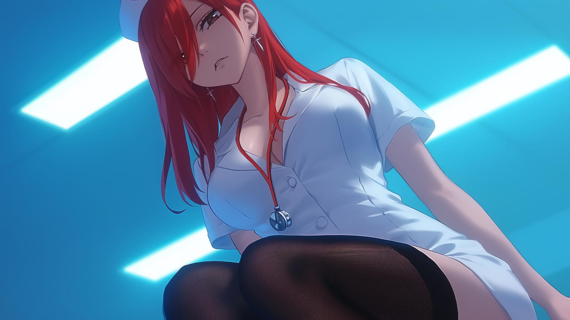 Erza Scarlet from Fairy Tail dressed as a nurse kneels and leans forward with a warm glow.