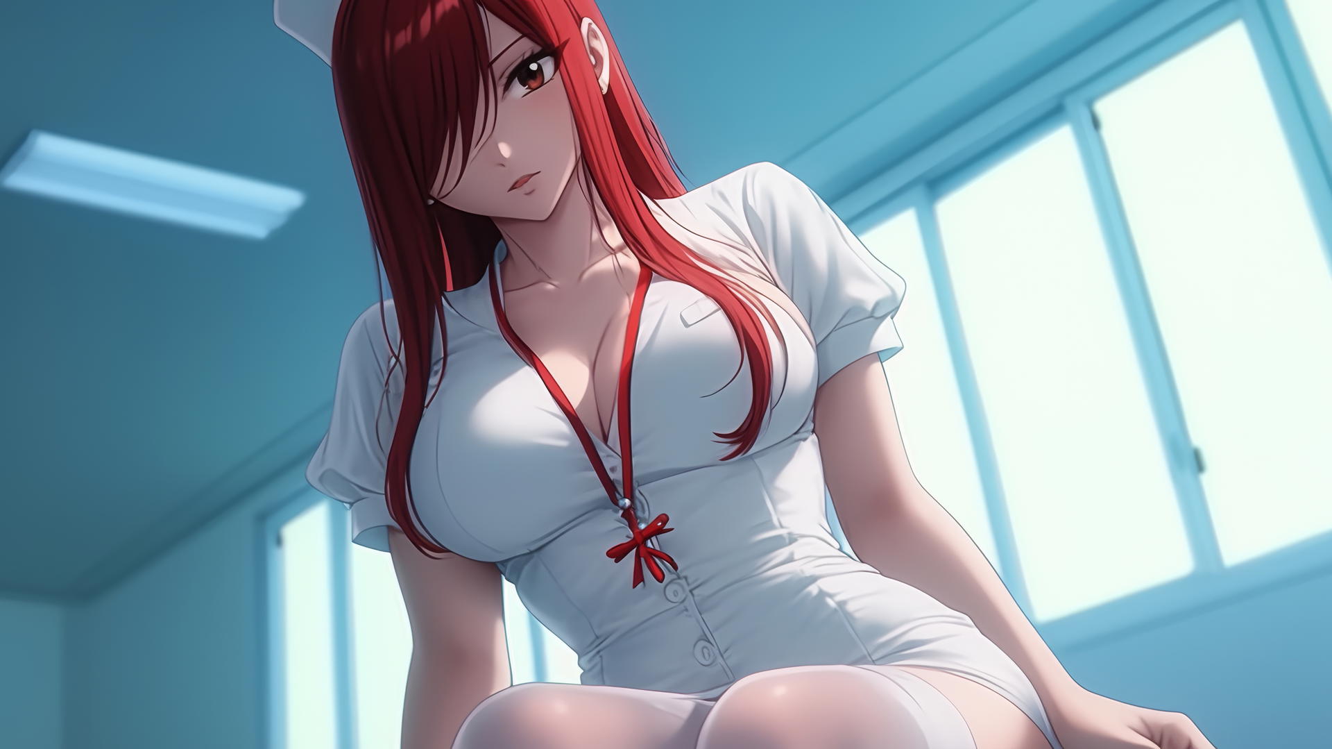 Erza Scarlet as a nurse, scarlet hair, brown eyes, warm light, ceiling background