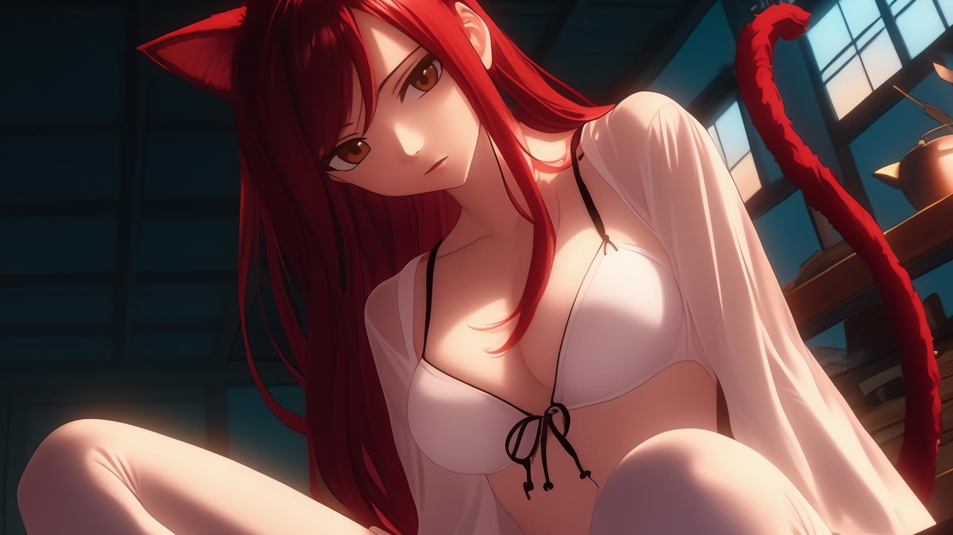 Cat girl with scarlet hair and brown eyes kneeling and leaning forward.