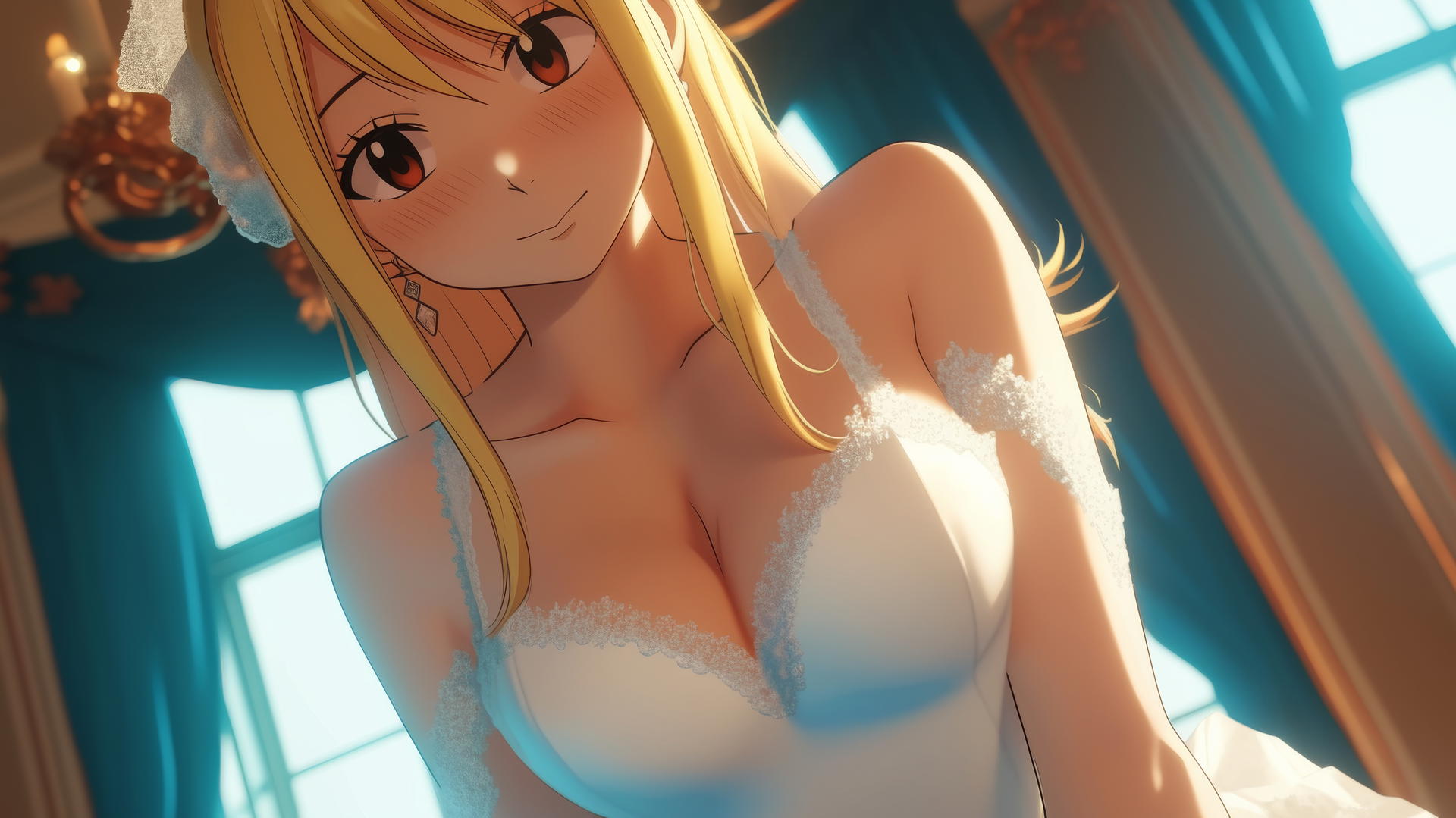 Lucy Heartfilia in wedding dress kneeling, ceiling background