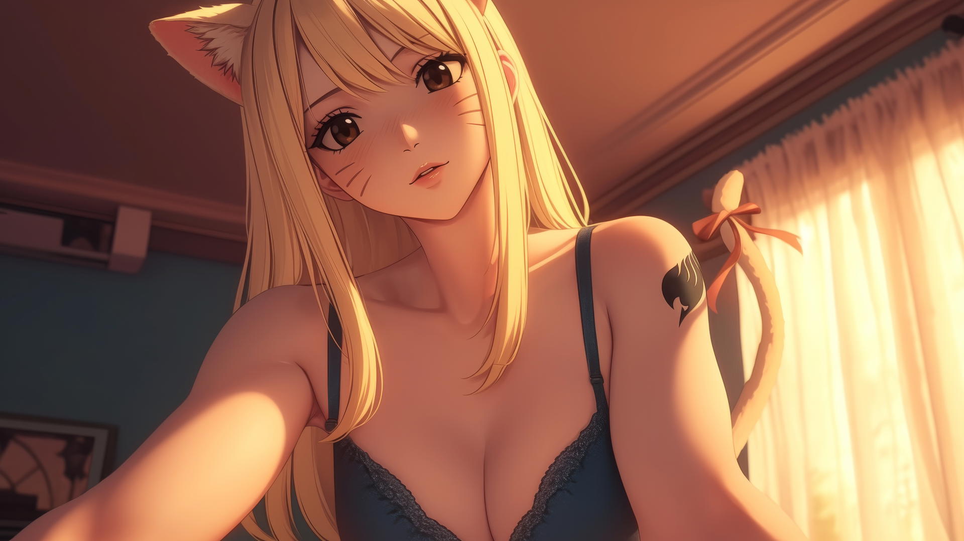Pink cat girl, resembling Lucy Heartfilia, kneeling and leaning down with warm light