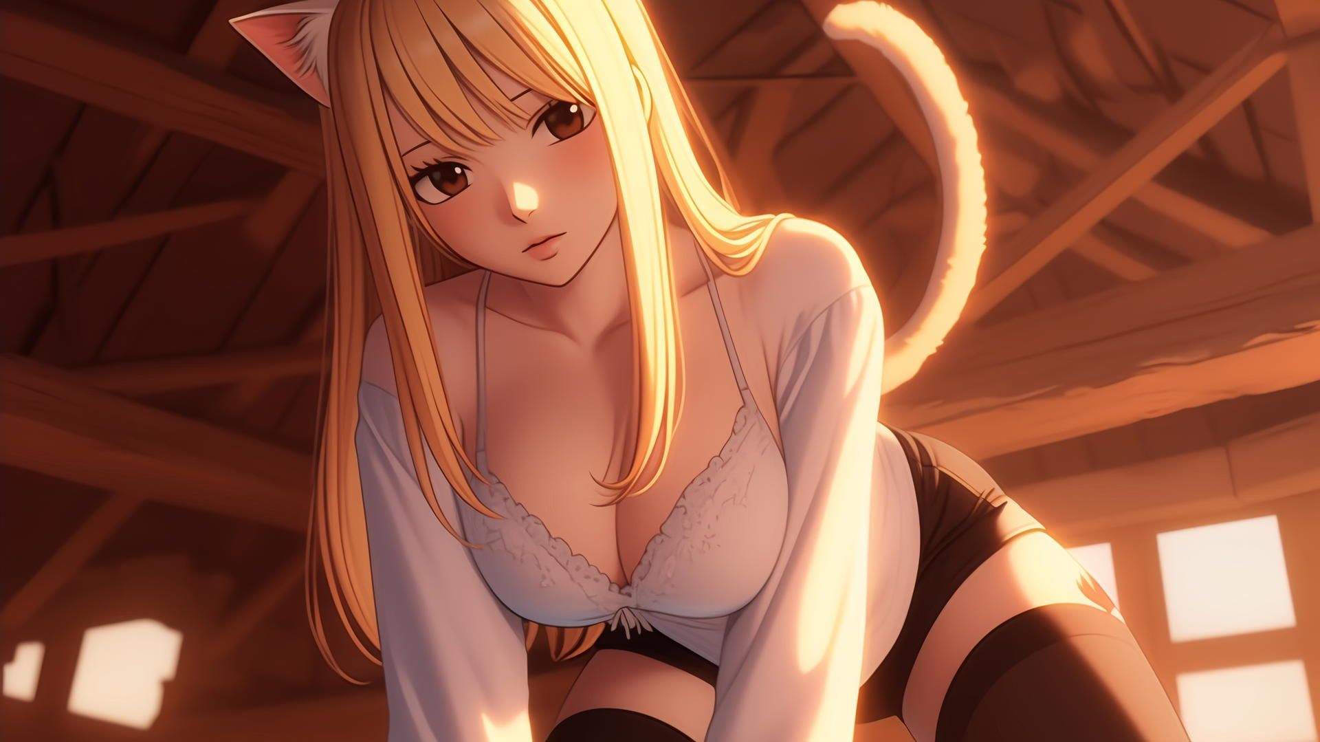 Pink cat girl resembling Lucy Heartfilia, kneeling and leaning forward with a soft warm glow.