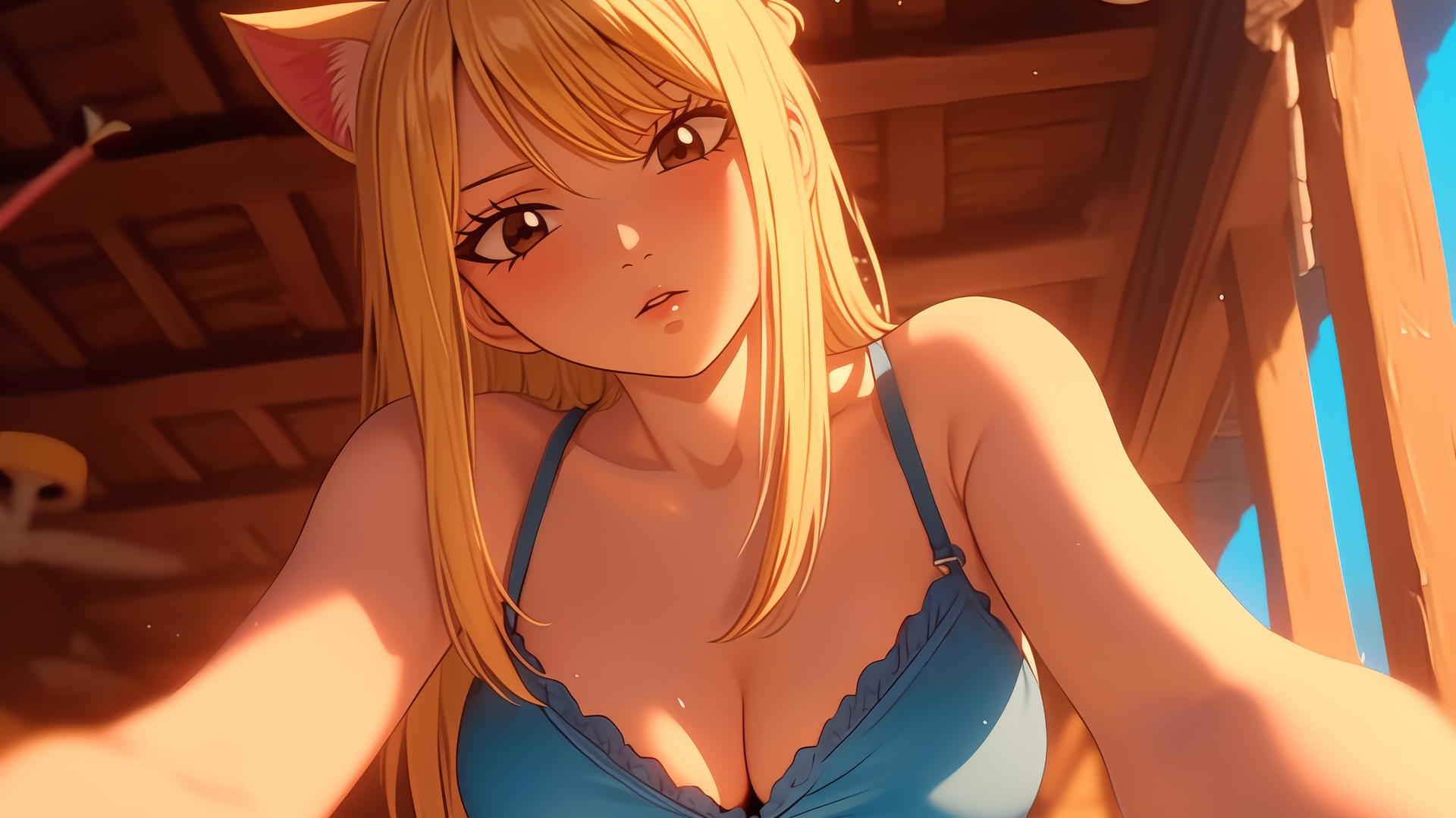 Pink cat girl styled as Lucy Heartfilia looking down from a kneeling pose