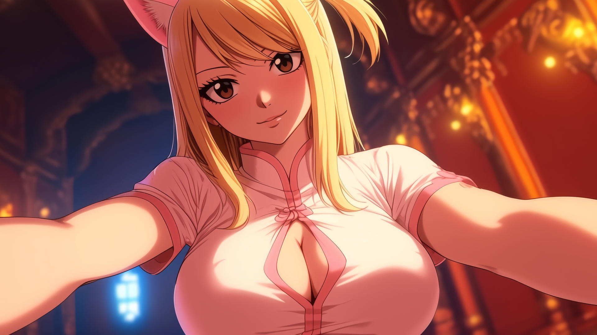 pink cat girl kneeling, leaning forward, blonde hair, brown eyes, warm light