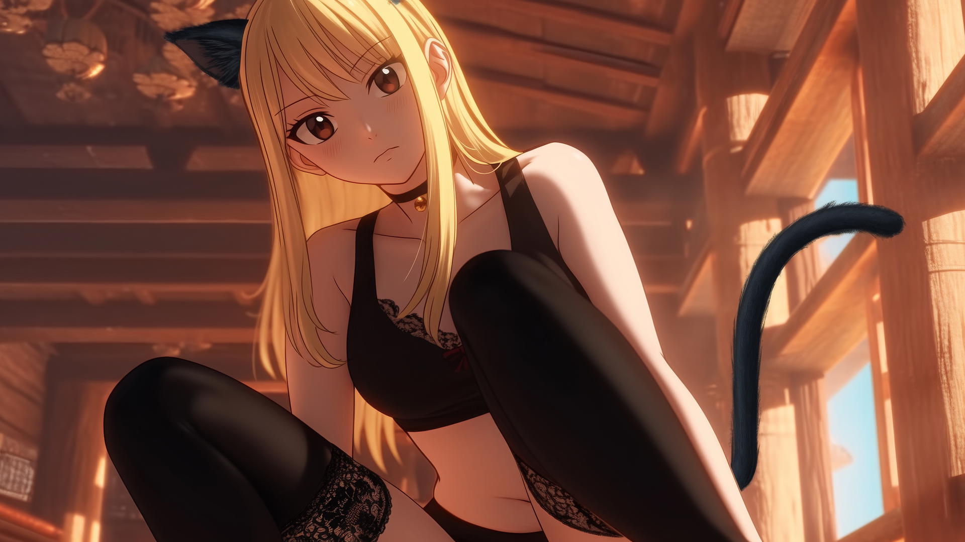 Black cat girl Lucy Heartfilia kneeling, blonde hair, brown eyes, warm light