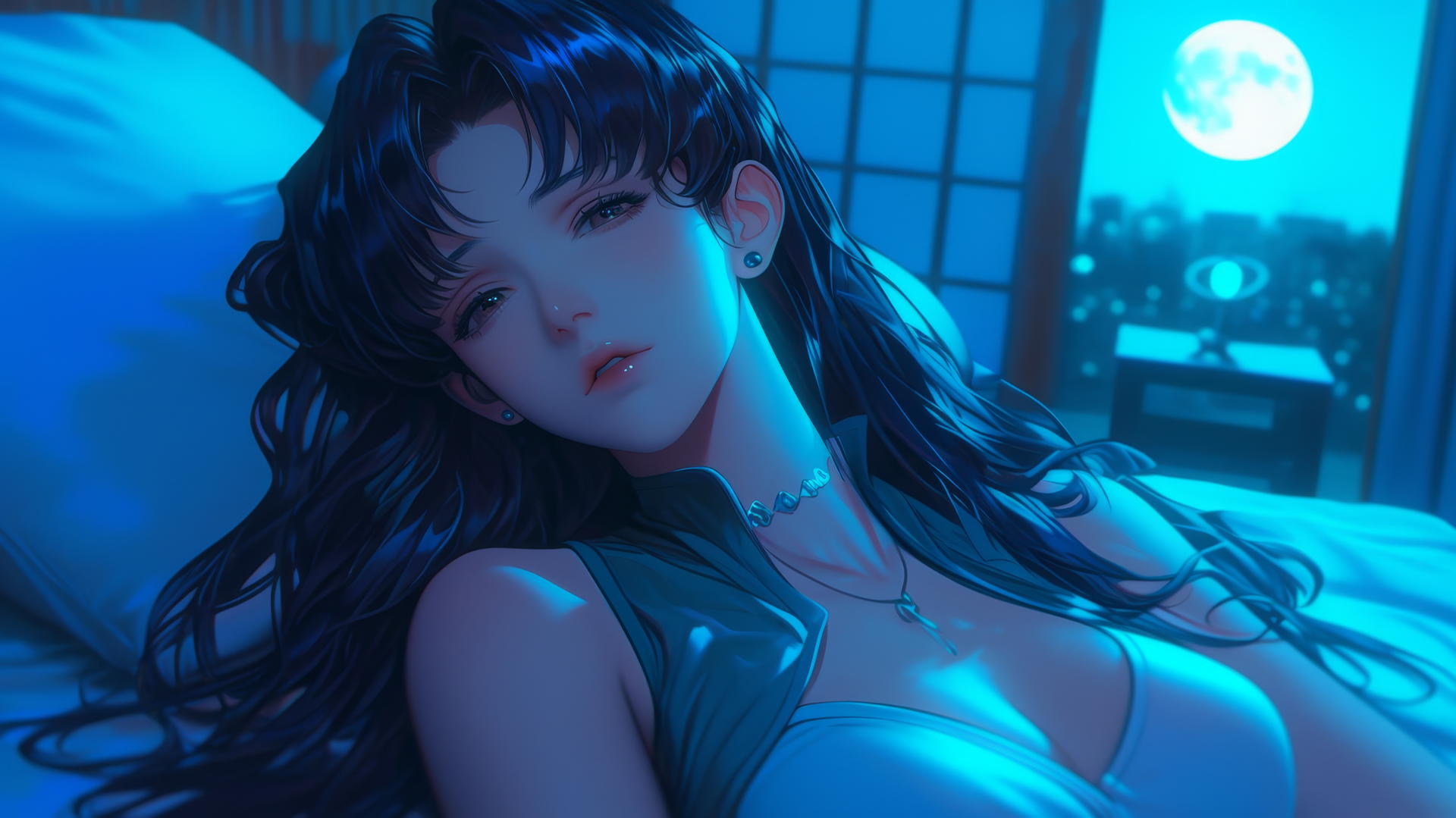 Misato Katsuragi with wavy dark violet hair and dark brown eyes, resting in a moonlit modern hotel room.