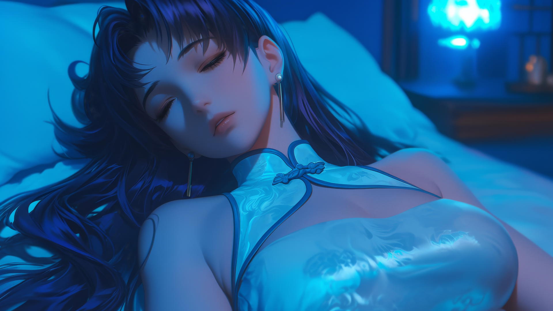 Misato Katsuragi relaxing in a modern hotel room with moonlight illuminating her