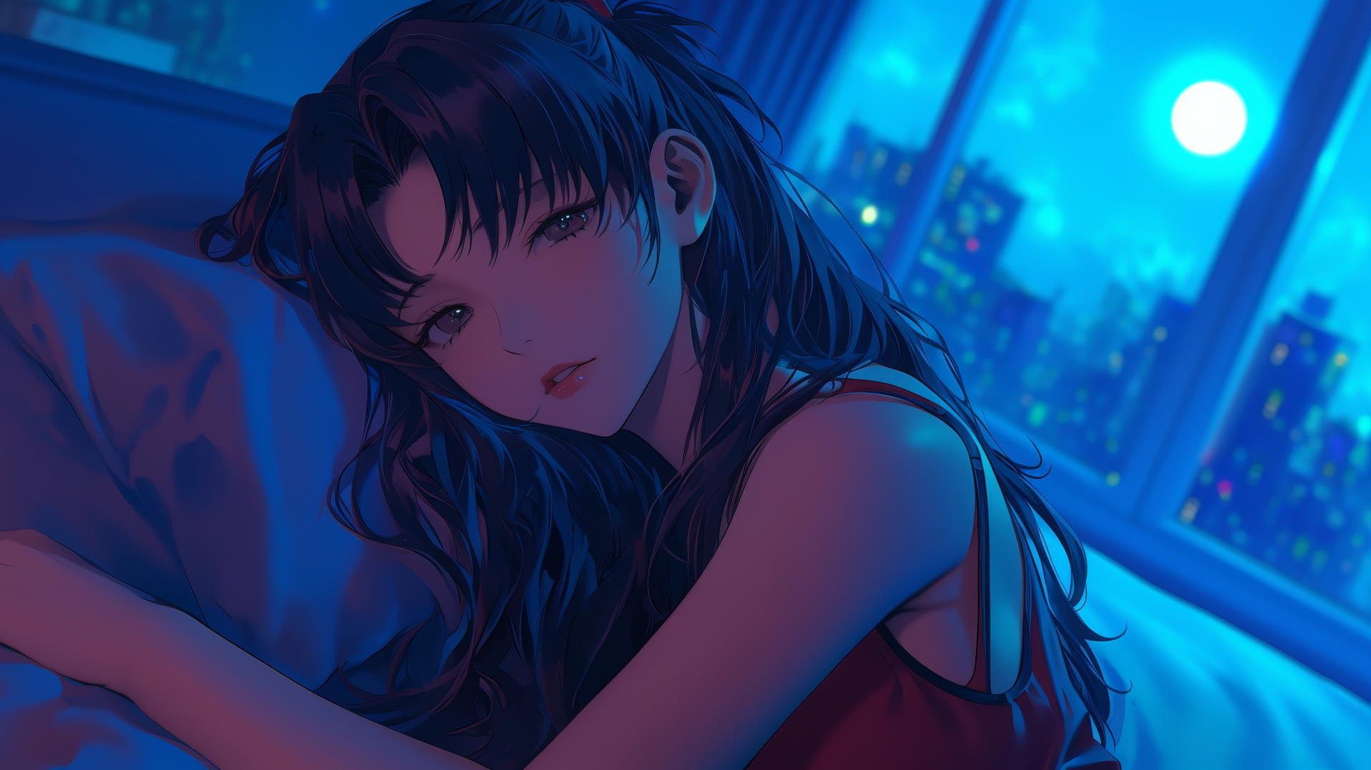 Misato Katsuragi with dark violet wavy hair, resting in a modern hotel room with moonlight glow.