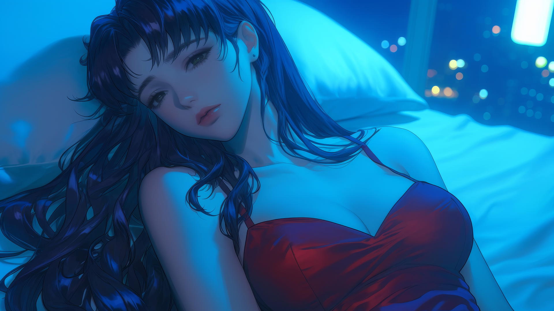 Misato Katsuragi resting in a hotel room with moonlight glow