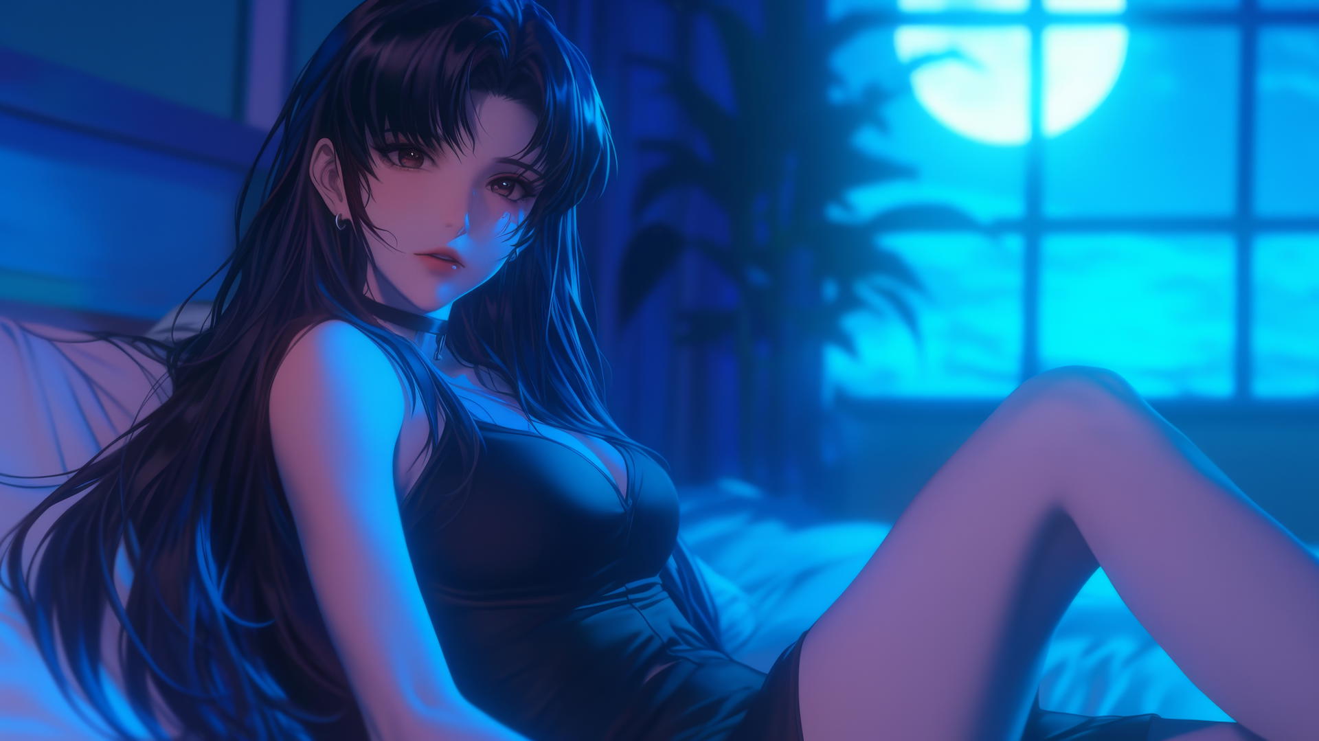 Misato Katsuragi from Neon Genesis Evangelion resting in a moonlit modern hotel room