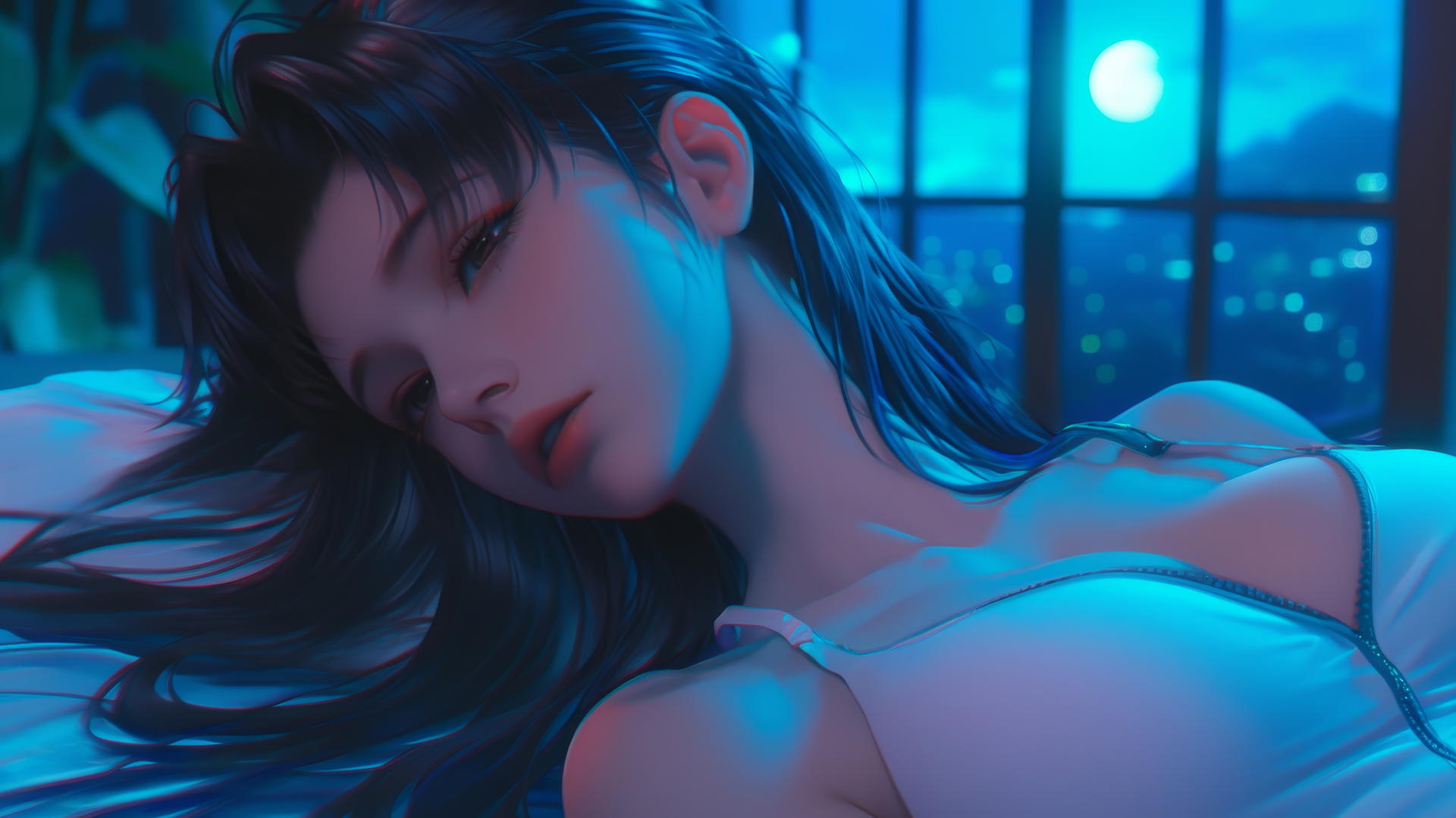 Misato Katsuragi from Neon Genesis Evangelion resting in a moonlit modern hotel room