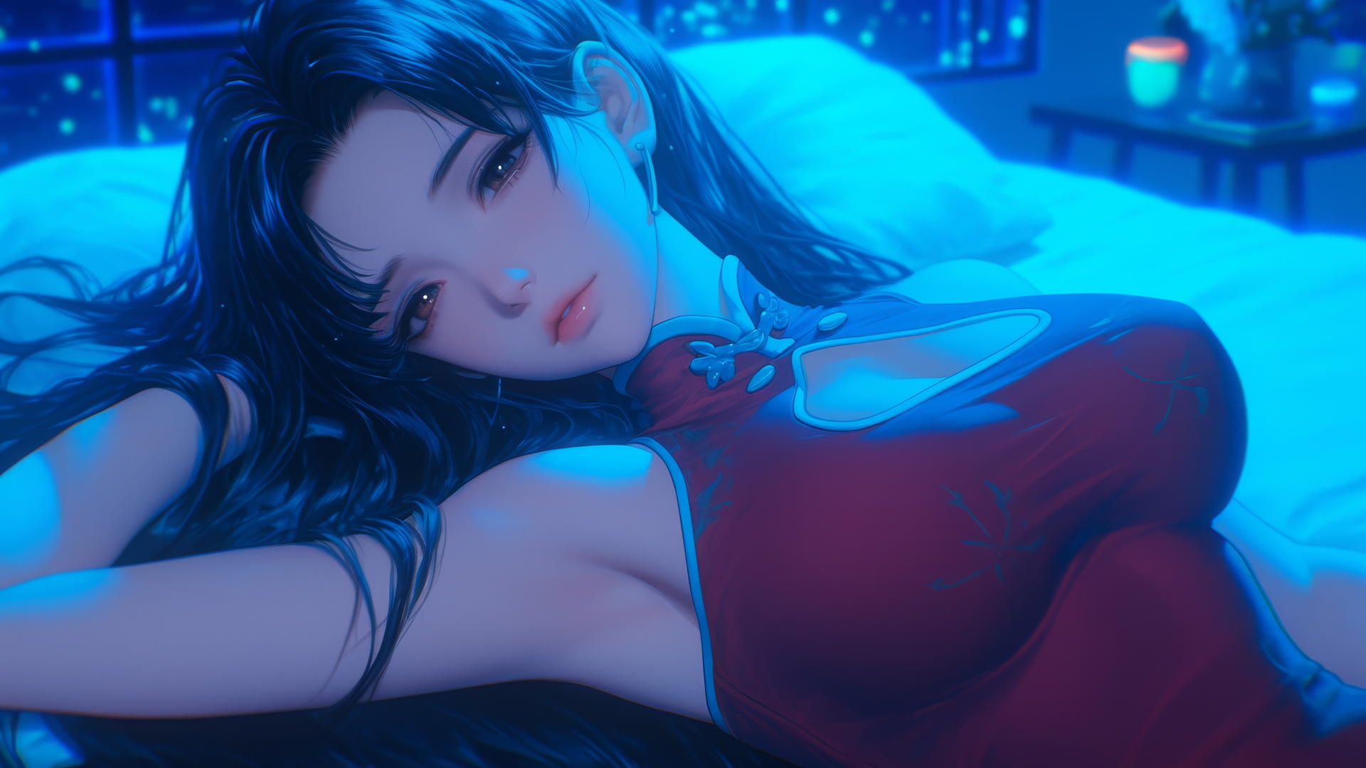 Misato Katsuragi with wavy dark violet hair and brown eyes resting in a moonlit modern hotel room