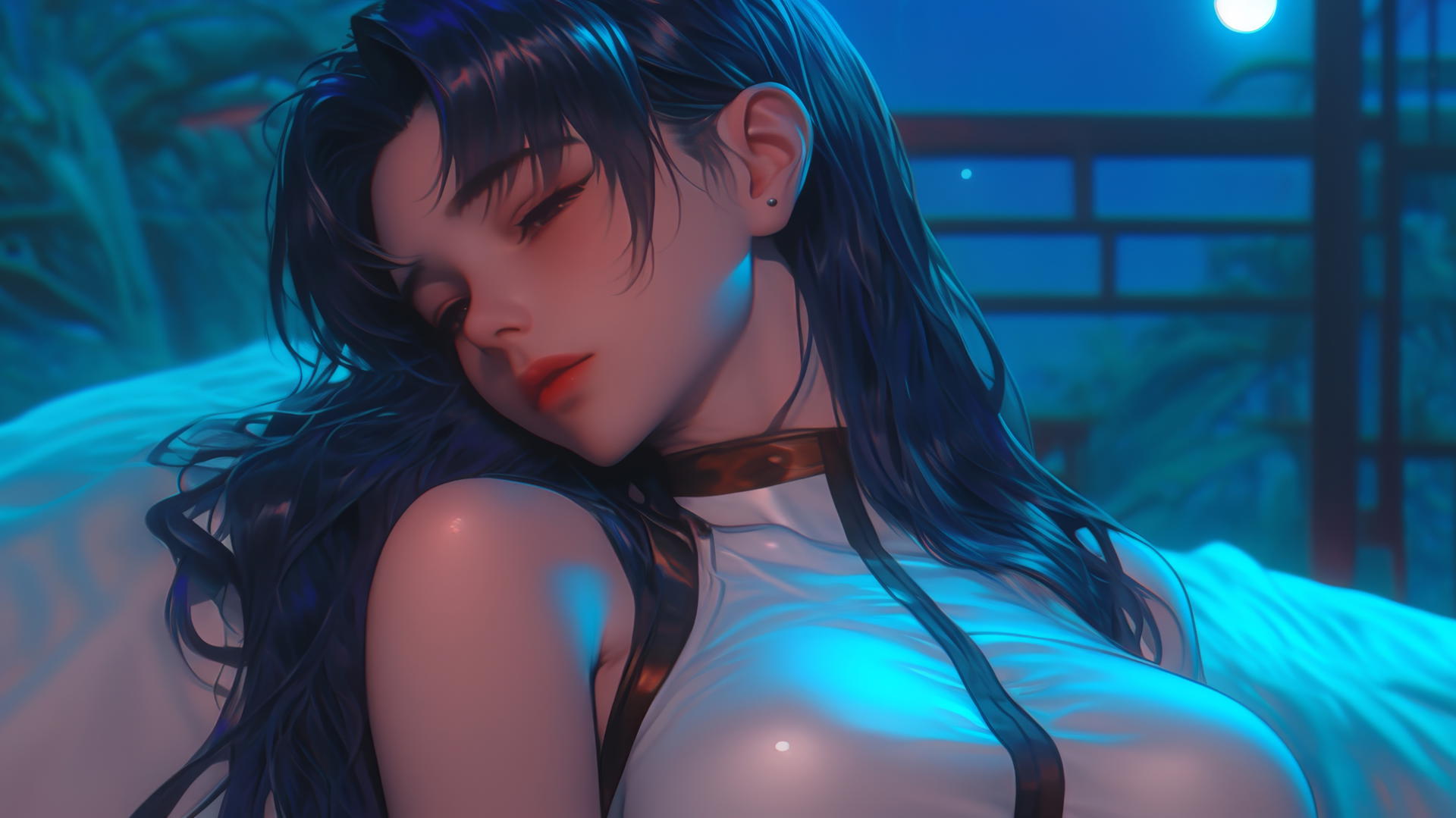 Misato Katsuragi with dark violet hair and brown eyes, resting in a moonlit hotel room.