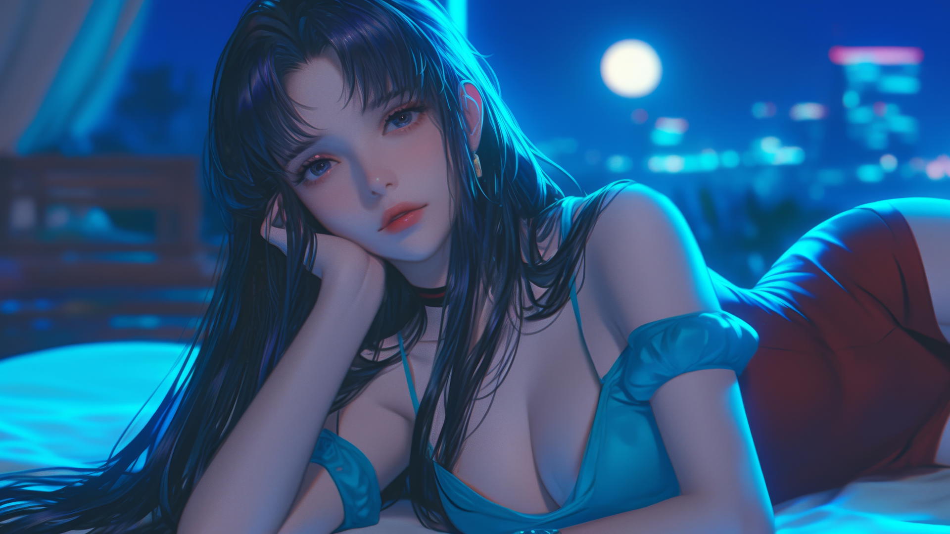 Misato Katsuragi with wavy dark violet hair, sitting in a moonlit hotel room.