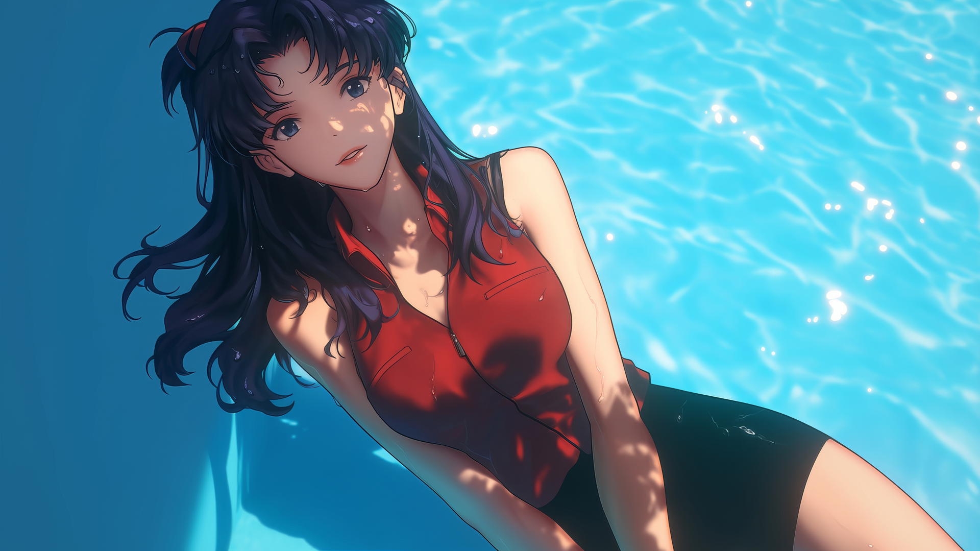 Misato Katsuragi with wavy violet hair and dark brown eyes resting by a moonlit swimming pool
