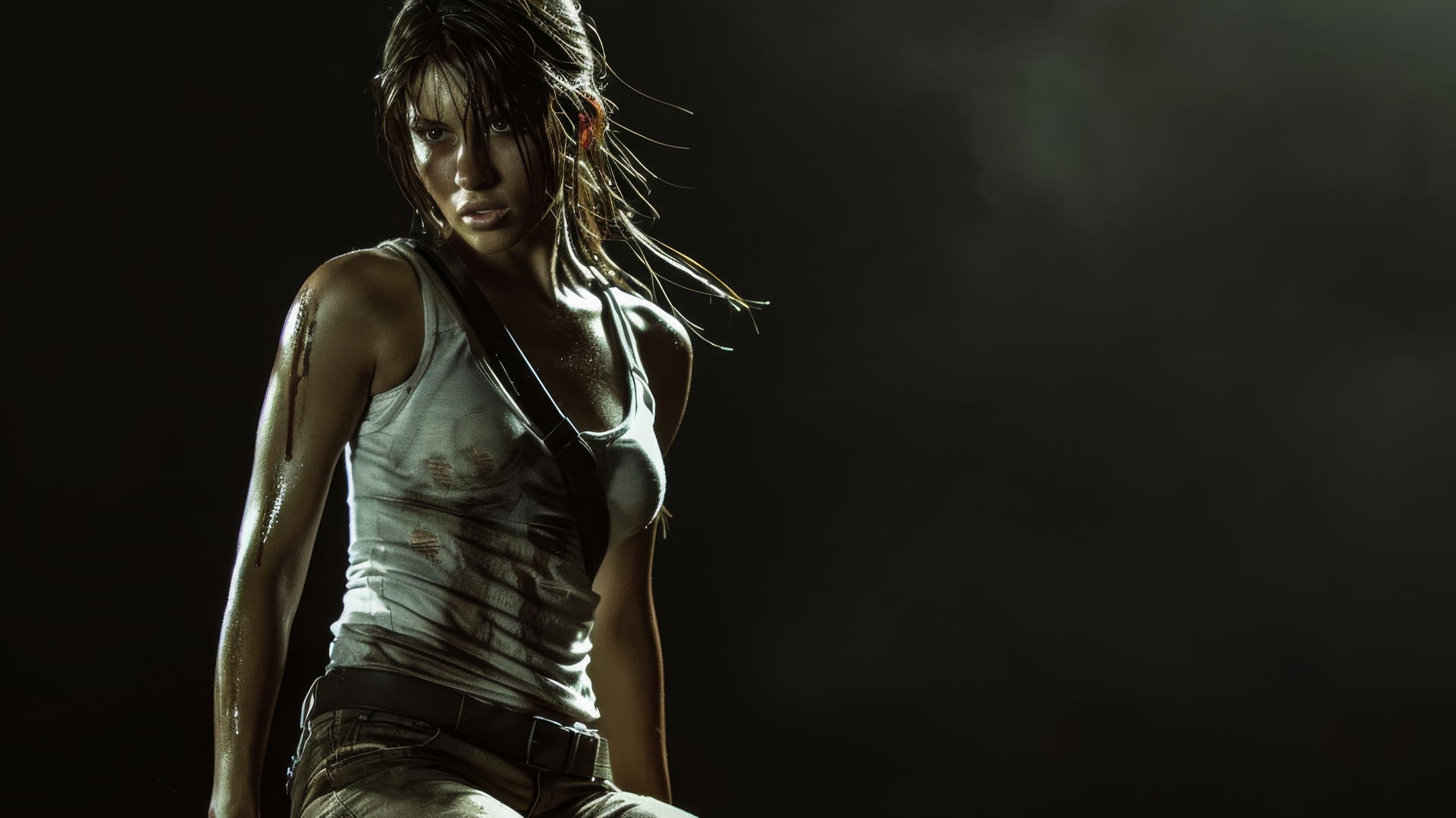 Lara Croft in dynamic pose with spotlight on a dark background