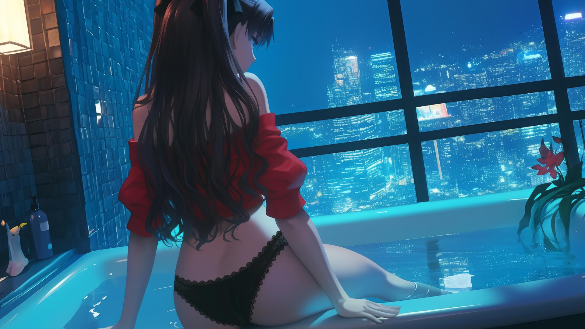 Rin Tohsaka from Fate/stay night in modern hotel room, moonlight on back