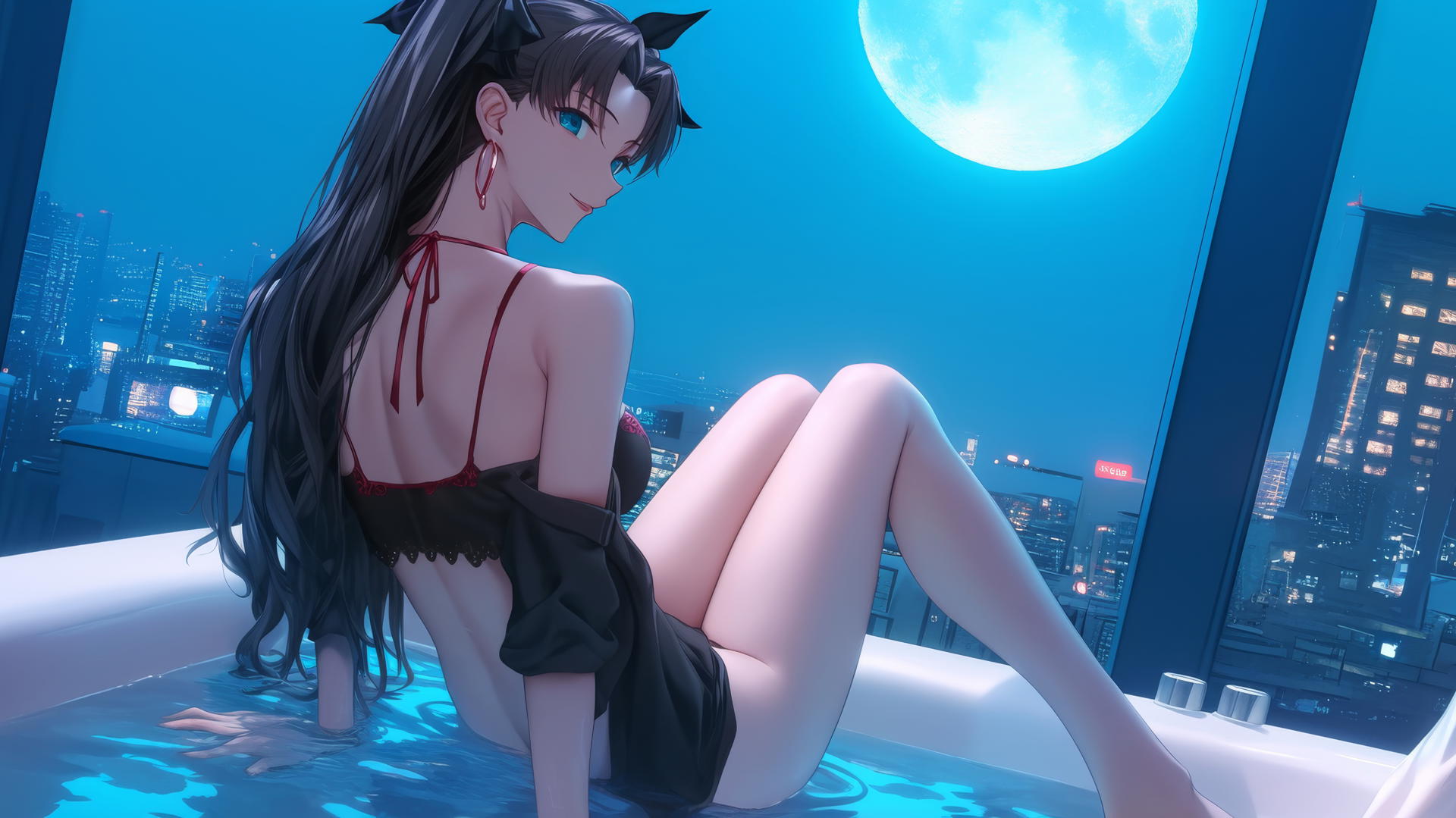 Rin Tohsaka from Fate stay night, seen from behind in a modern hotel room with moonlight glow.