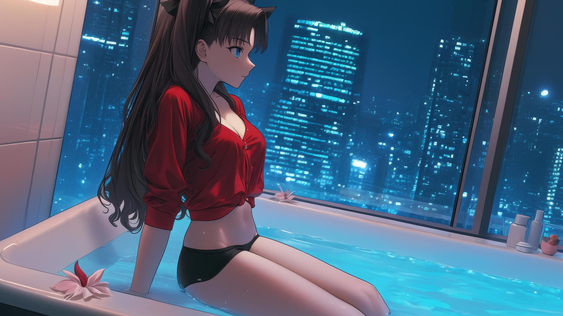 Rin Tohsaka sitting in a modern hotel room bathtub with moonlight on her back and legs.