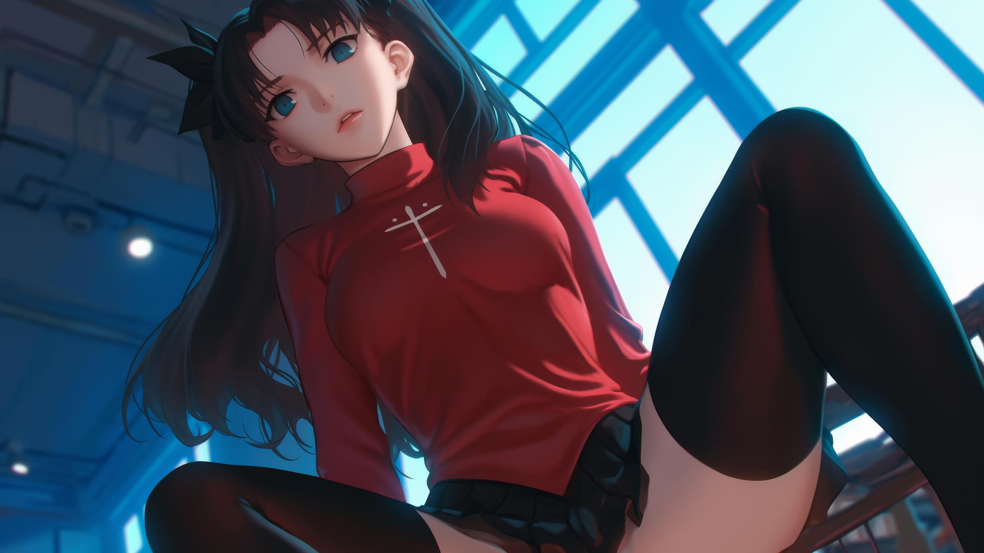 Rin Tohsaka kneeling and leaning forward with warm lighting