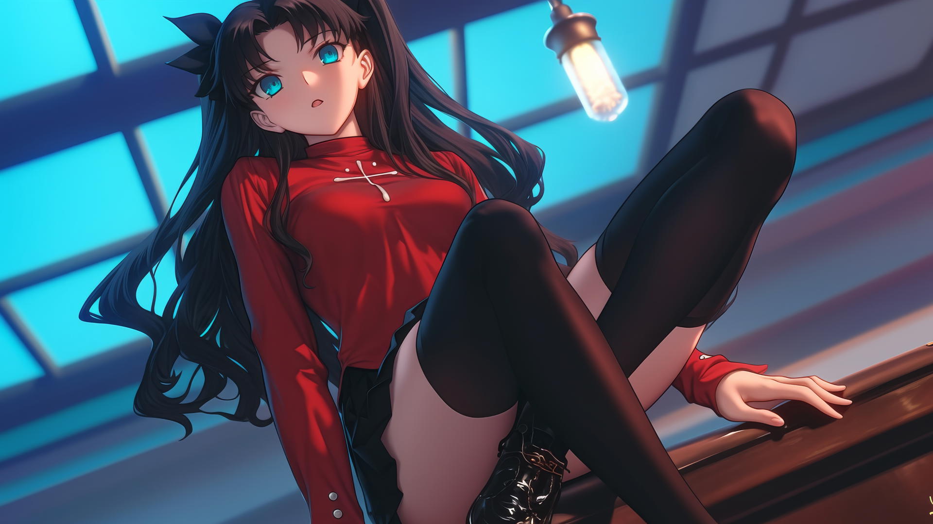 Rin Tohsaka kneeling and leaning, seen from below, warm light glow