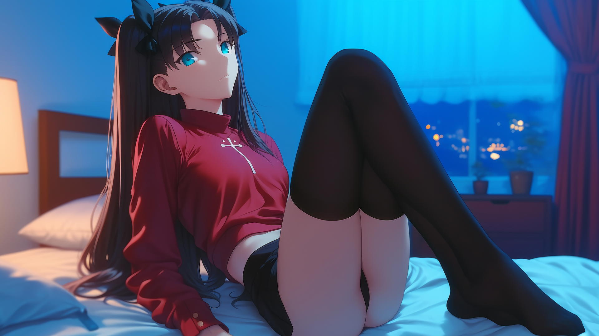Rin Tohsaka lying in a modern hotel room, moonlight on her back and legs