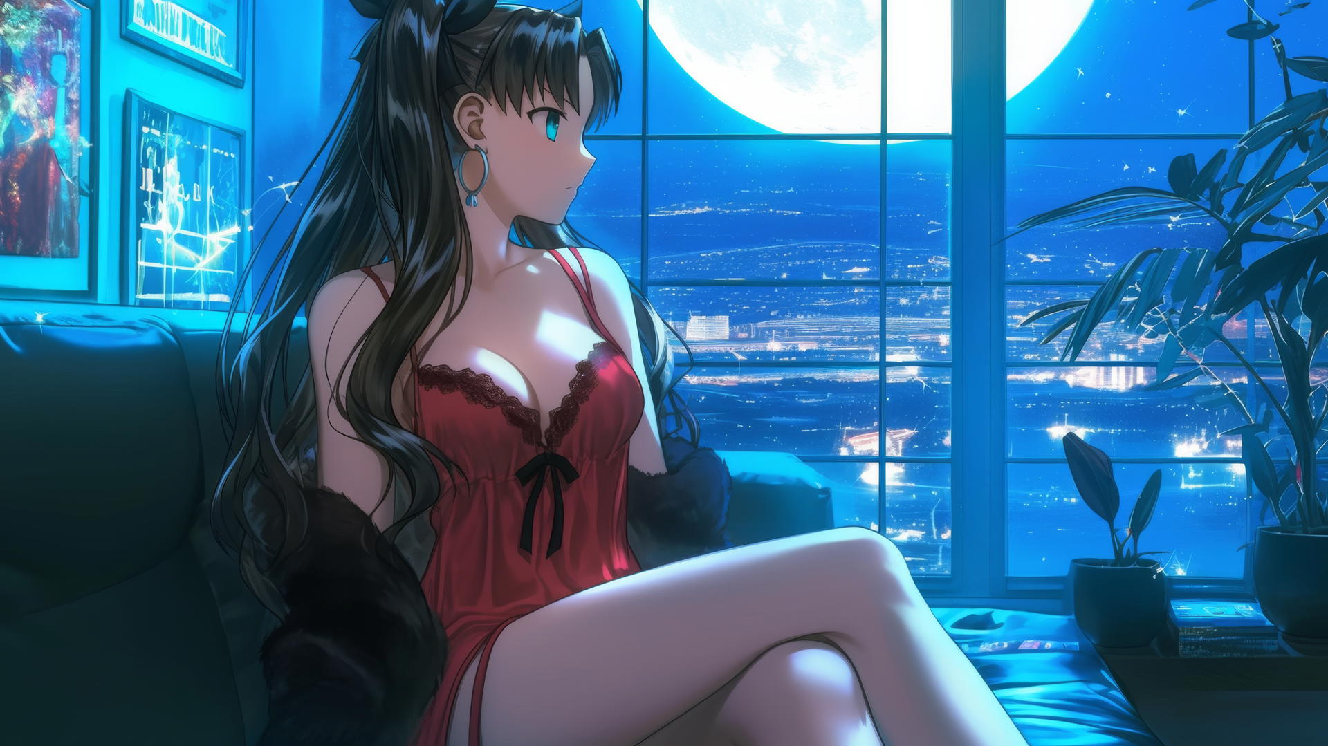 Rin Tohsaka from Fate Stay Night resting in a modern hotel room with moonlight on her back