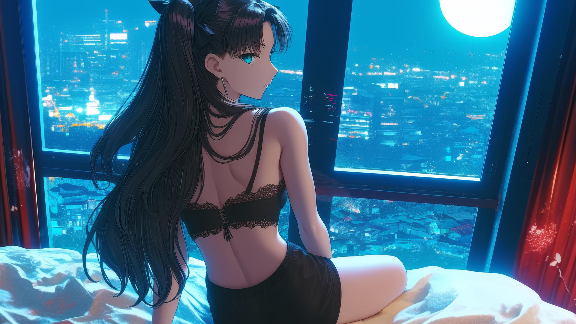 Rin Tohsaka from Fate stay night, resting in modern hotel room with moonlight glow