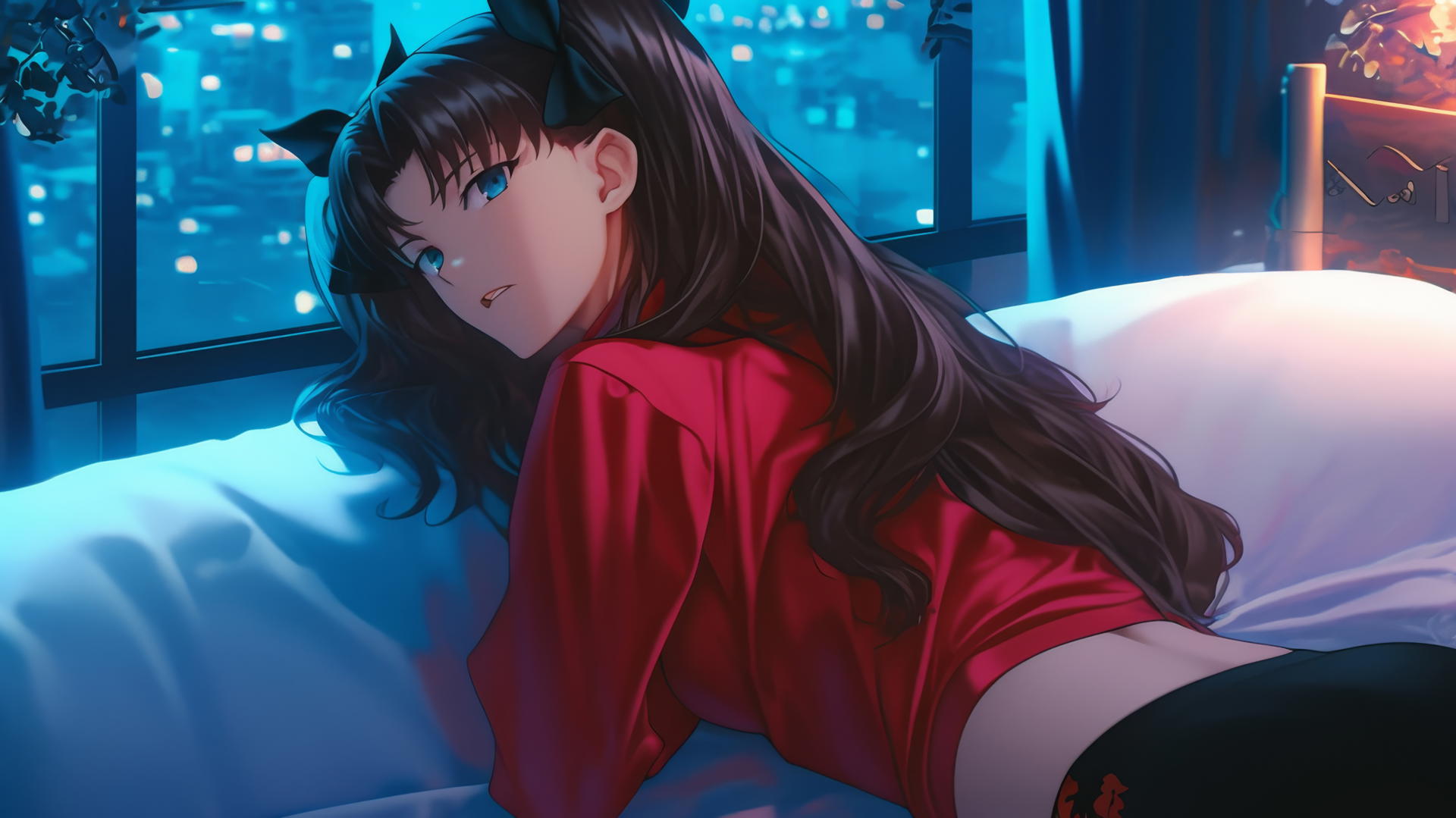 Rin Tohsaka from Fate stay night, resting in a modern hotel room with moonlight glow