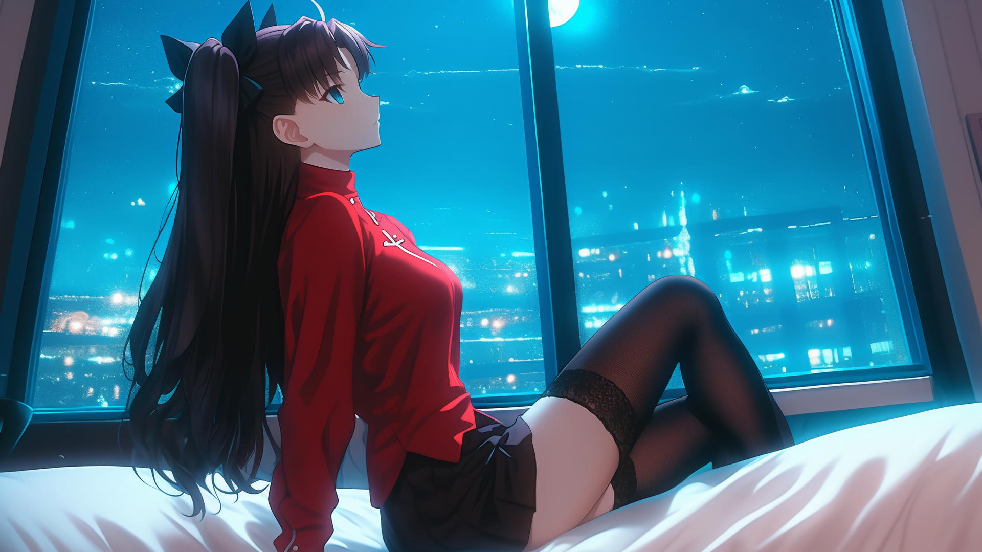 Rin Tohsaka from Fate stay night resting in a modern hotel room, illuminated by moonlight.