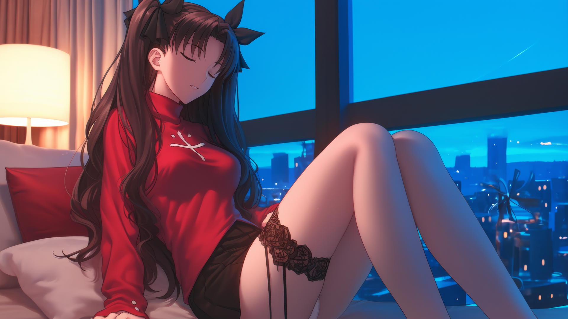 Rin Tohsaka from Fate/stay night resting in a modern hotel room with moonlight glow