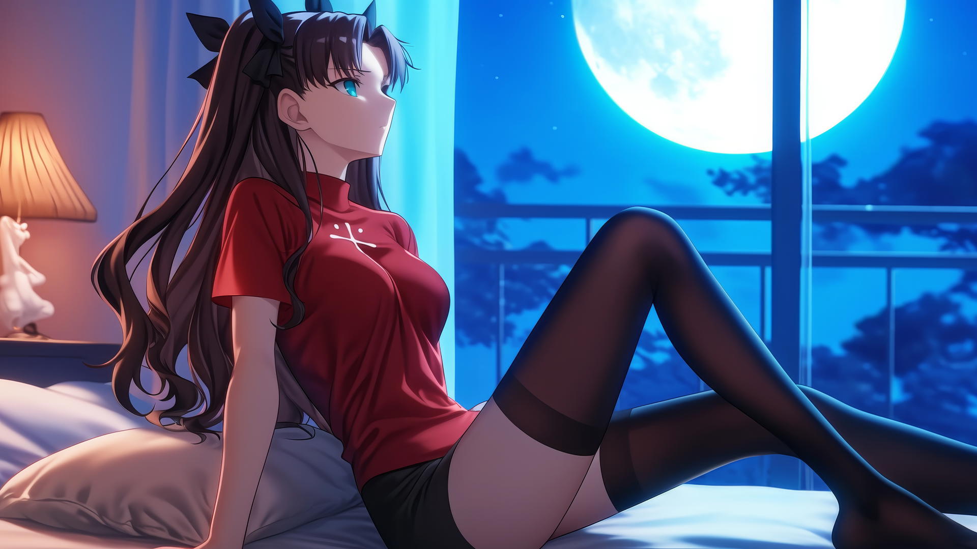 Rin Tohsaka resting in a modern hotel room under moonlight