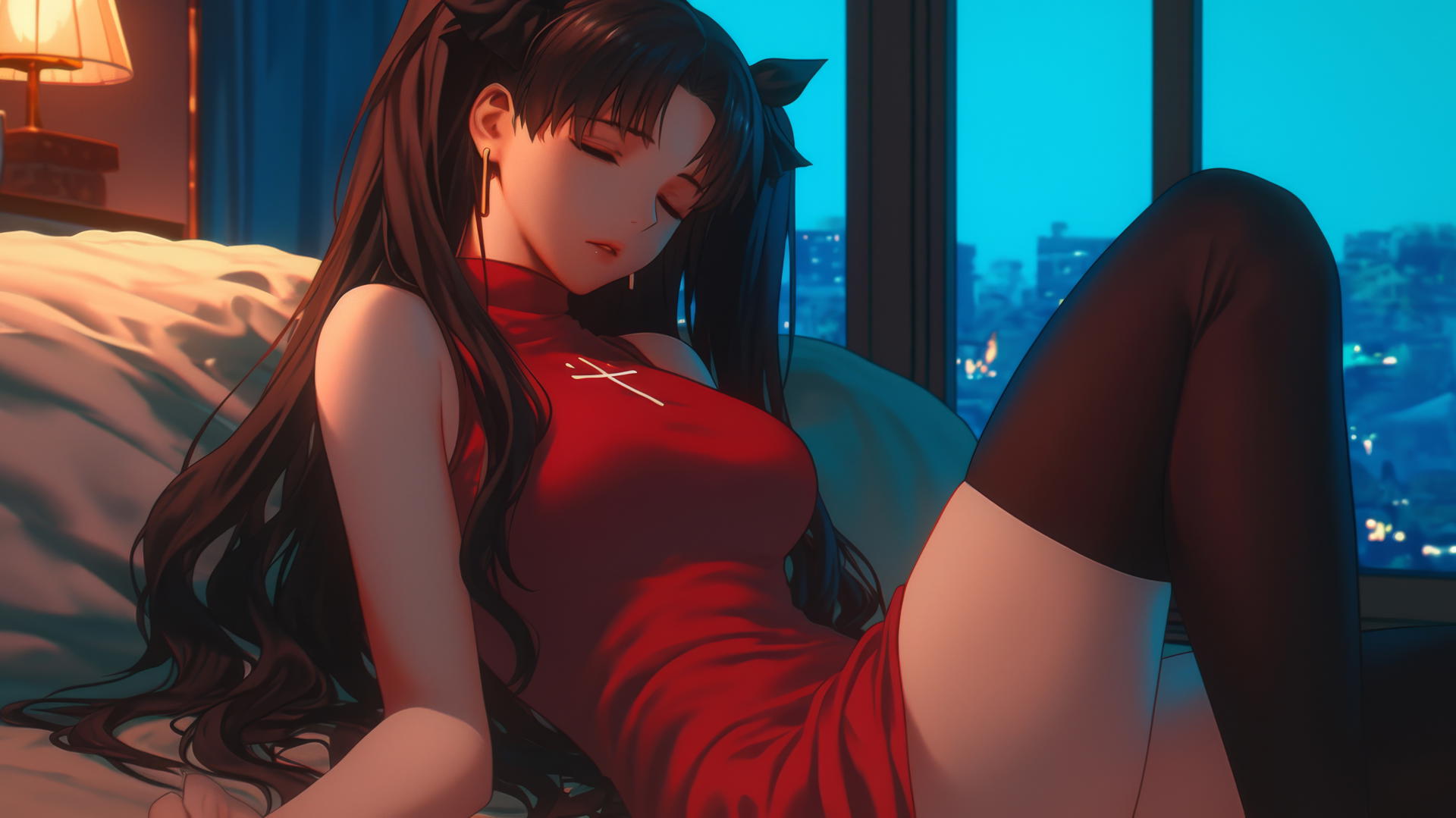 Rin Tohsaka from Fate/stay night resting in a modern hotel room under moonlight