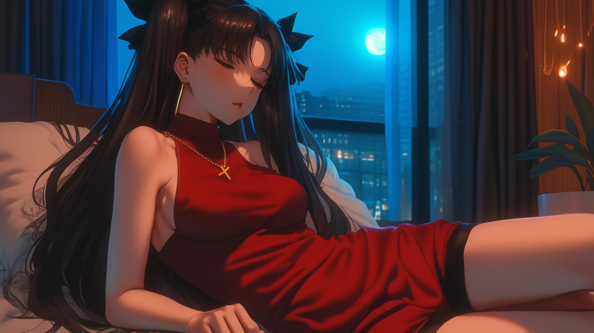 Rin Tohsaka from Fate/stay night, resting in a modern hotel room with moonlight glow