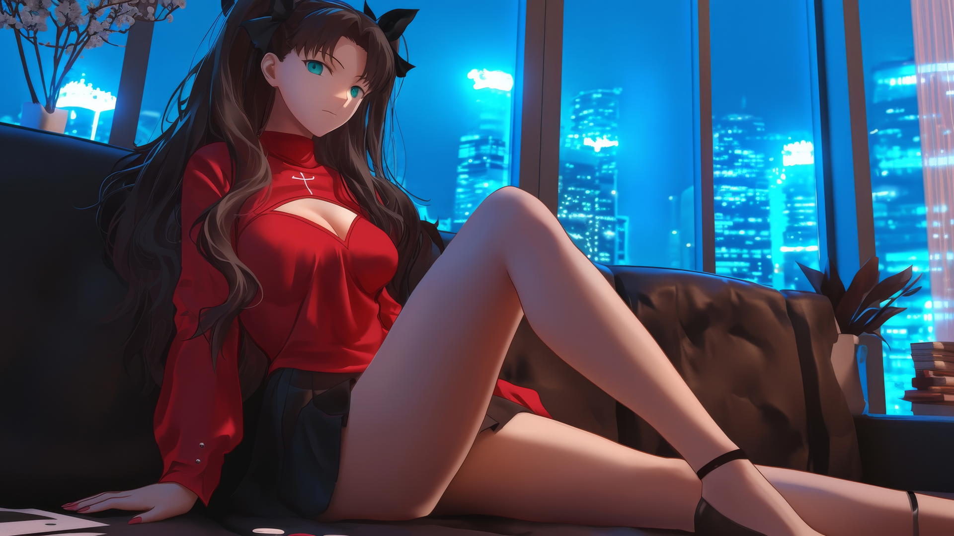 Rin Tohsaka from Fate/stay night resting in a modern hotel room with moonlight glow