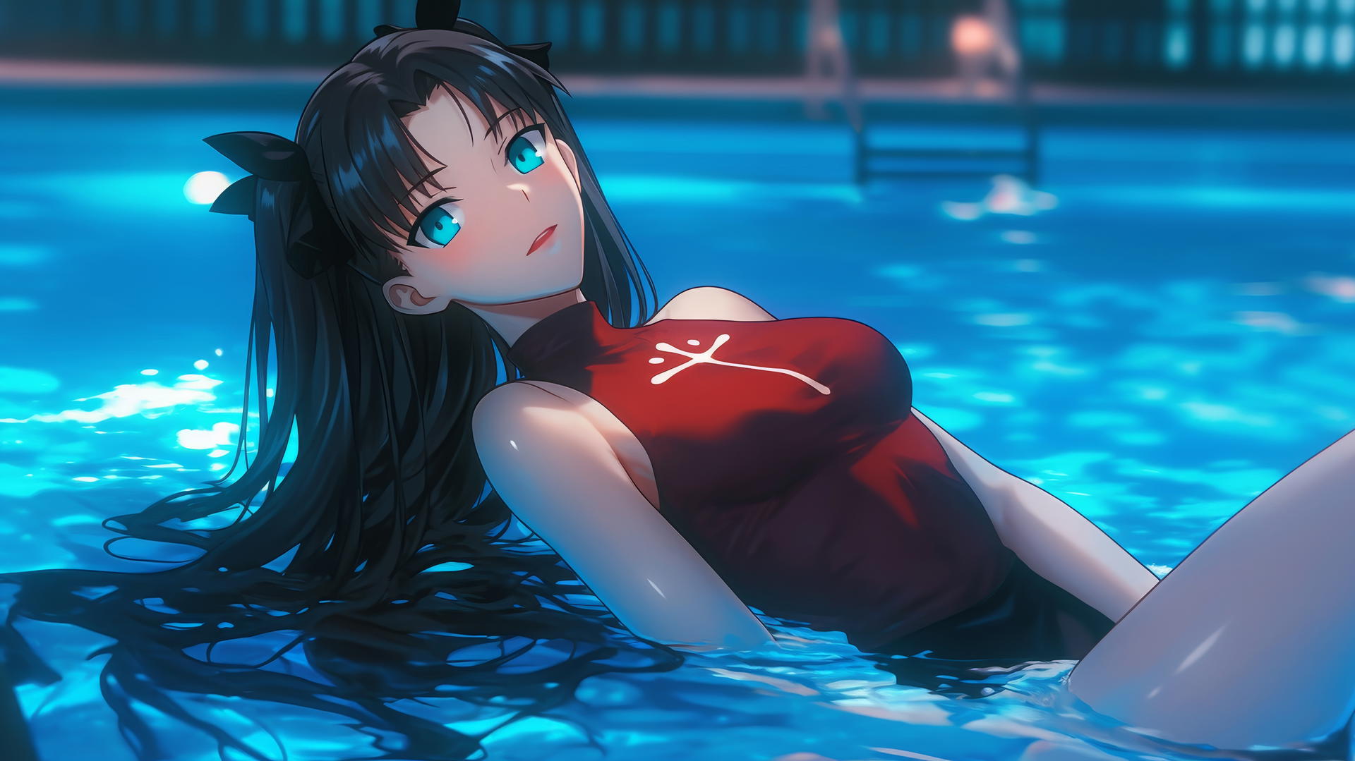 Rin Tohsaka with aqua eyes and black hair resting in a swimming pool under moonlight.