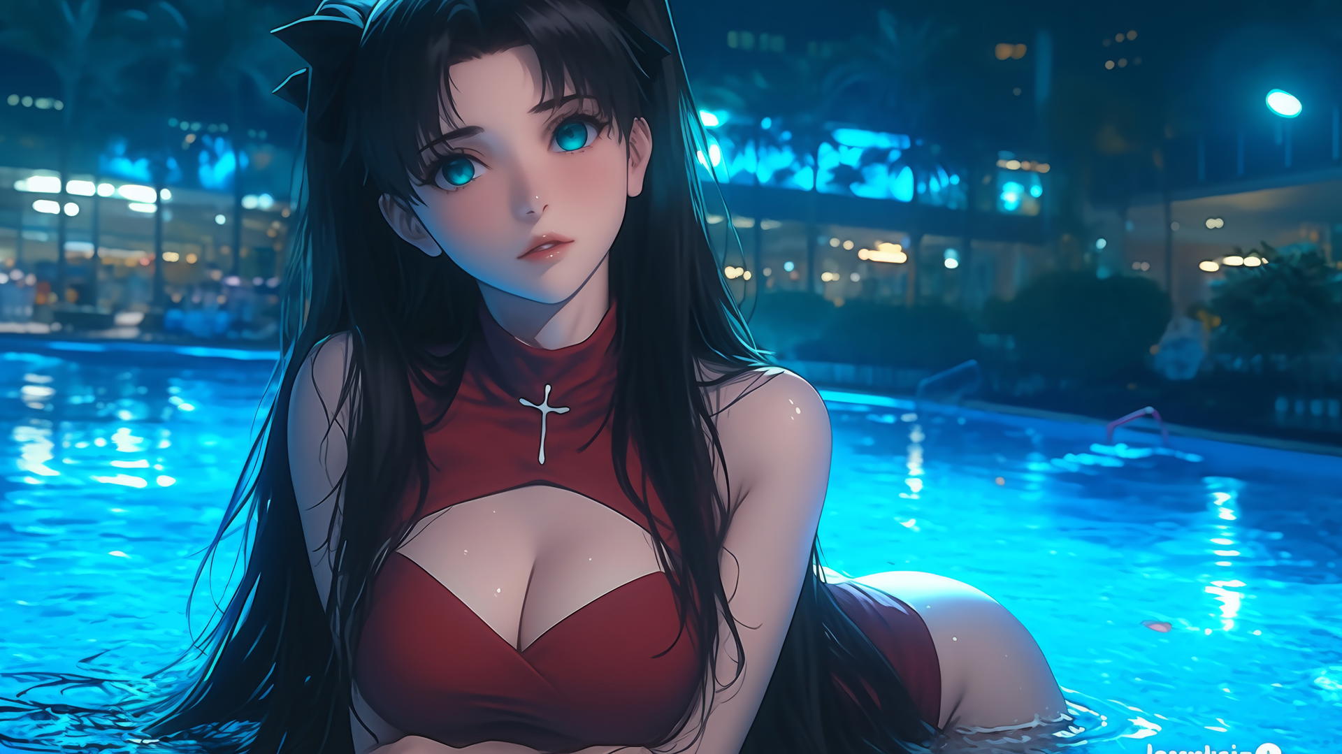 Rin Tohsaka with aqua eyes and black hair, resting in a swimming pool illuminated by moonlight.