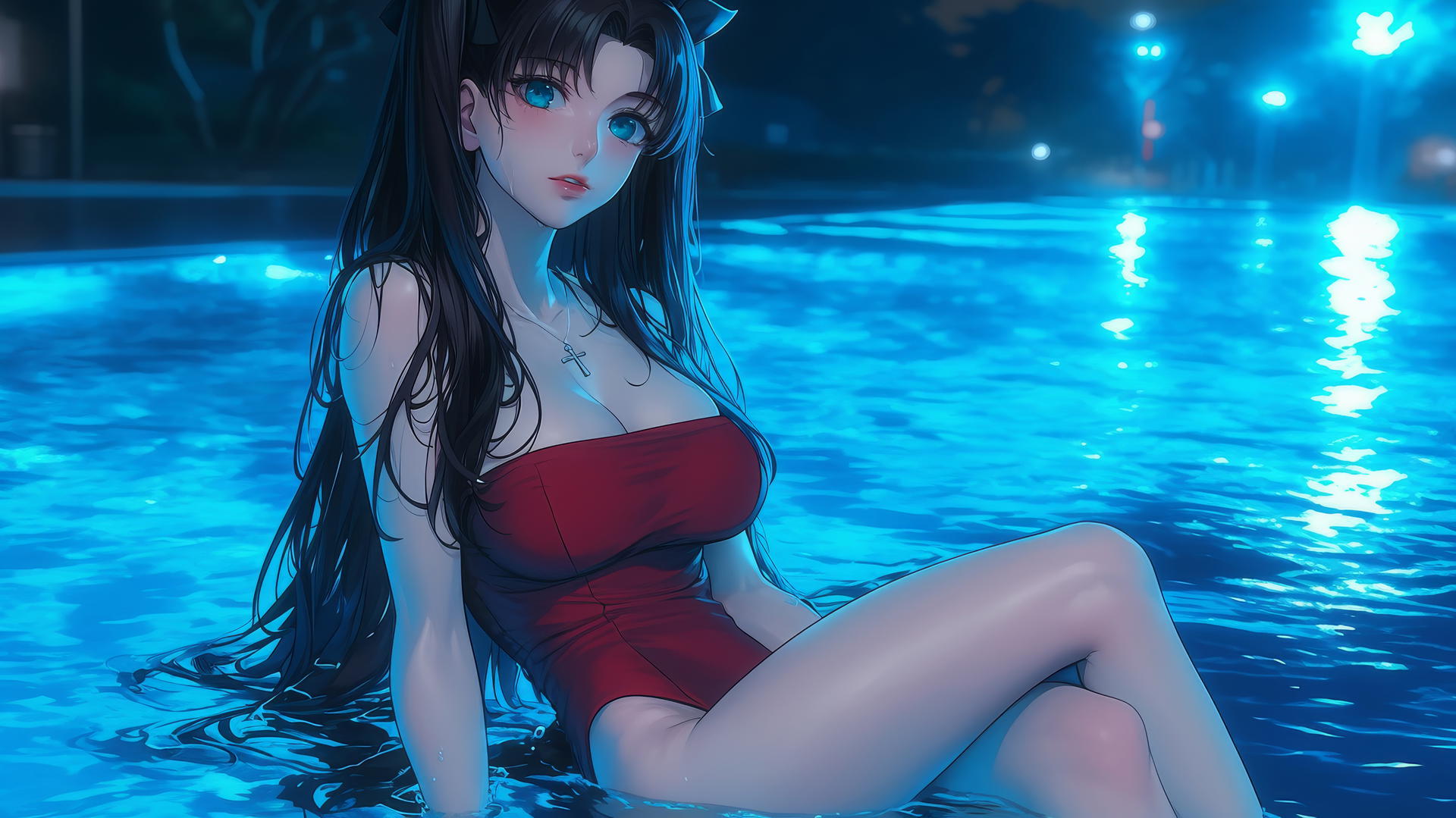 Rin Tohsaka with aqua eyes and black hair rests in a swimming pool under moonlight.